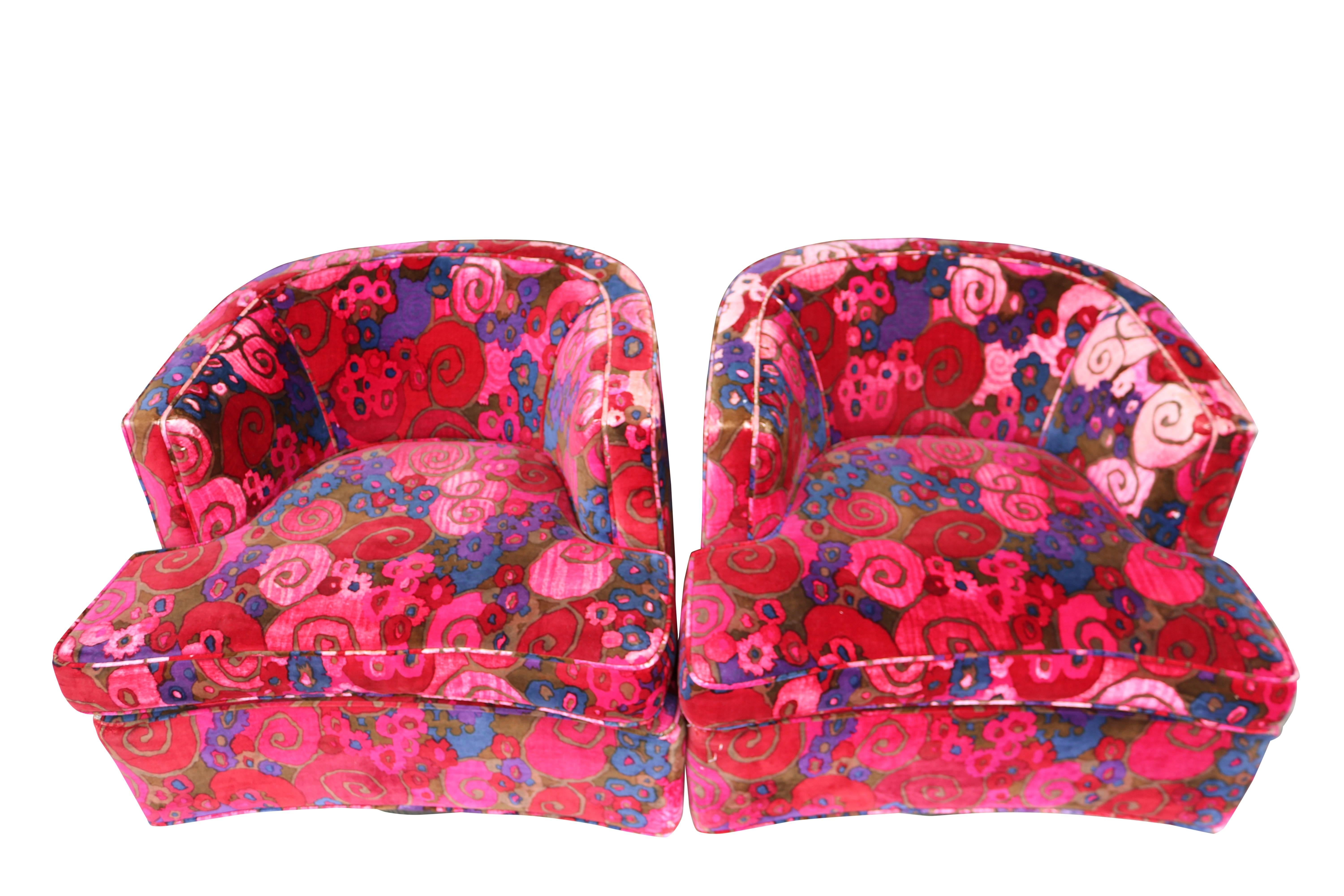 American Pair of Harvey Probber Swivel Chairs with Jack Lenor Larsen Fabric