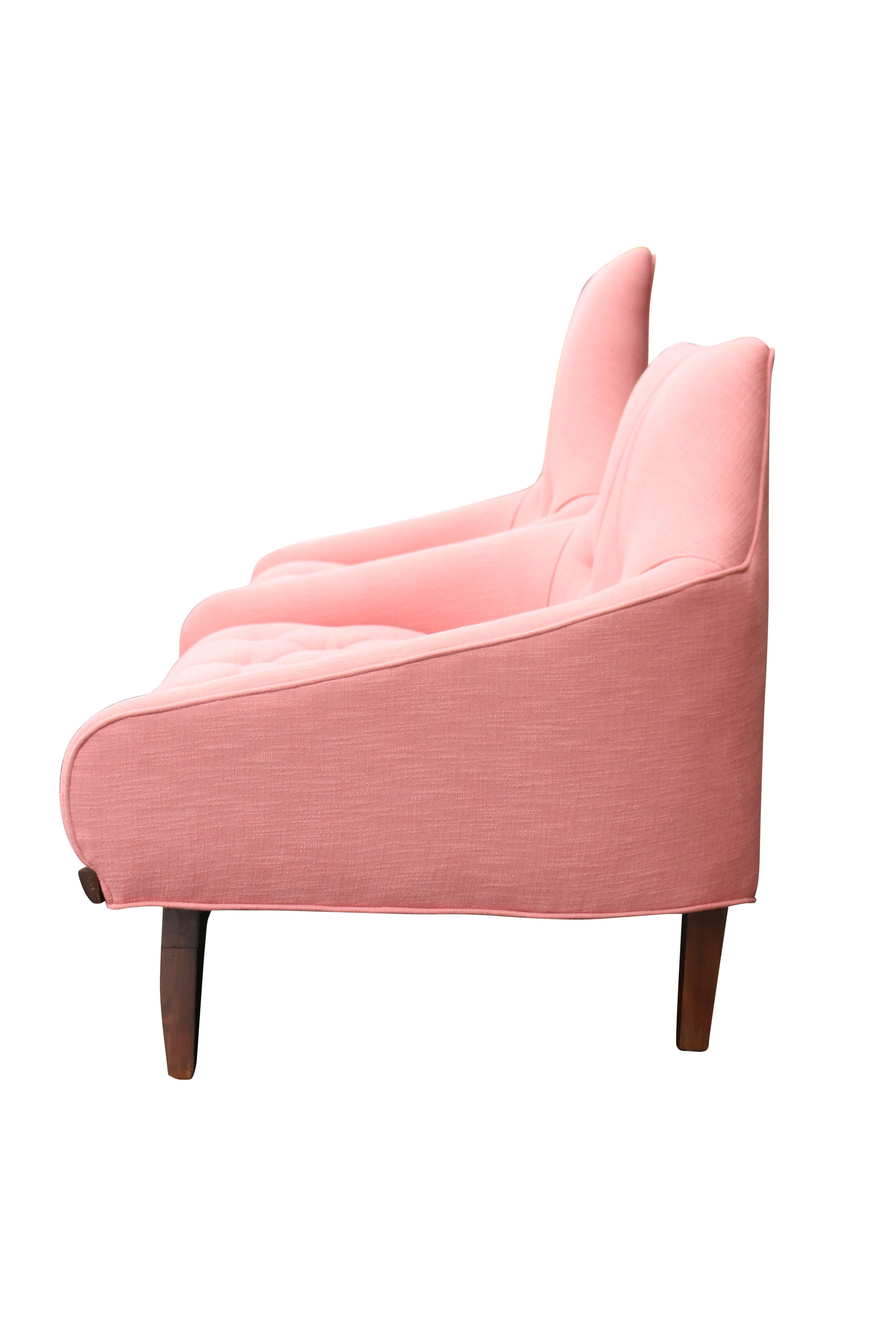 American Pair of Mid-Century Modern Pink Linen and Walnut Gondola Chairs