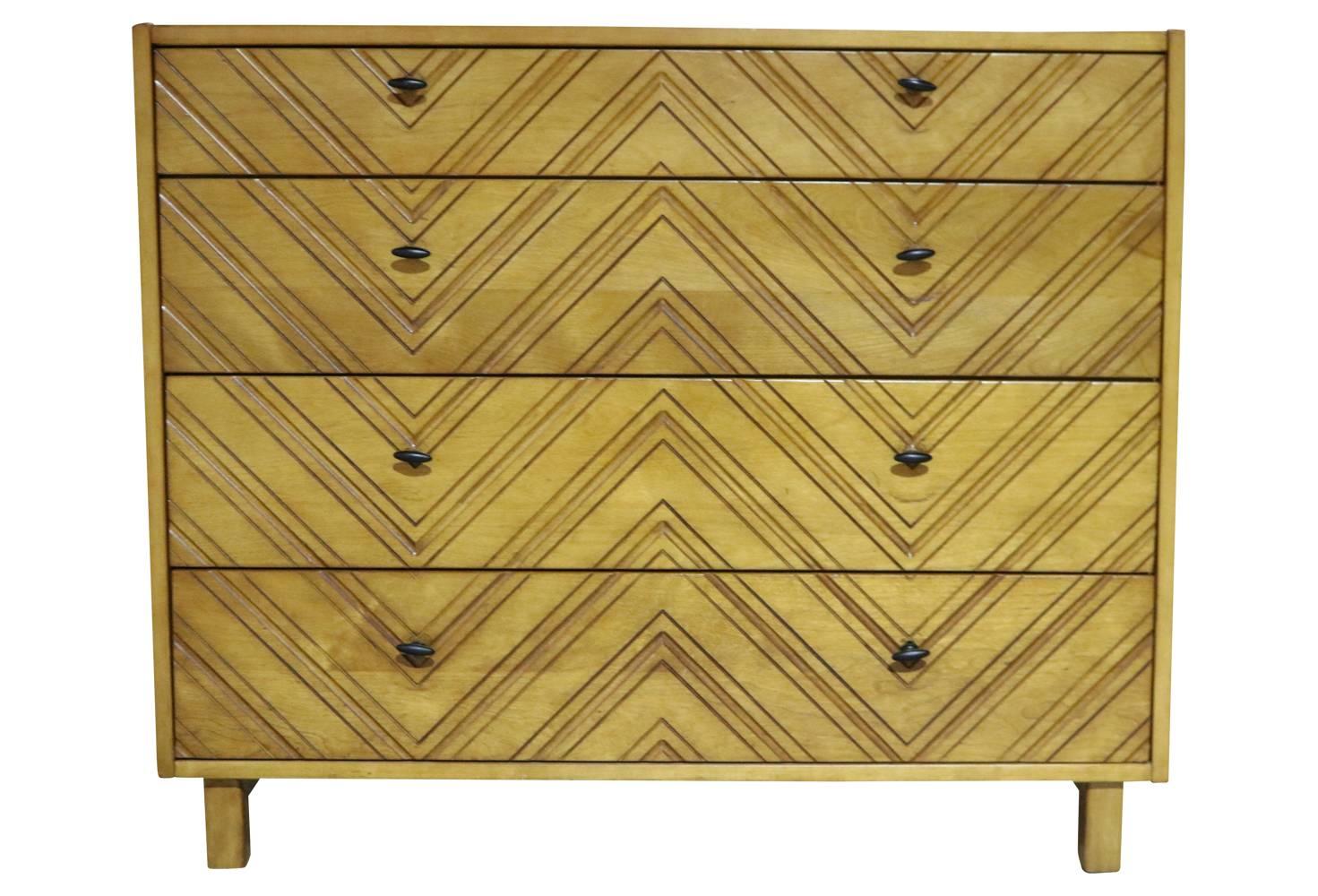 Four-Drawer Carved Front Chevron Dresser Chest