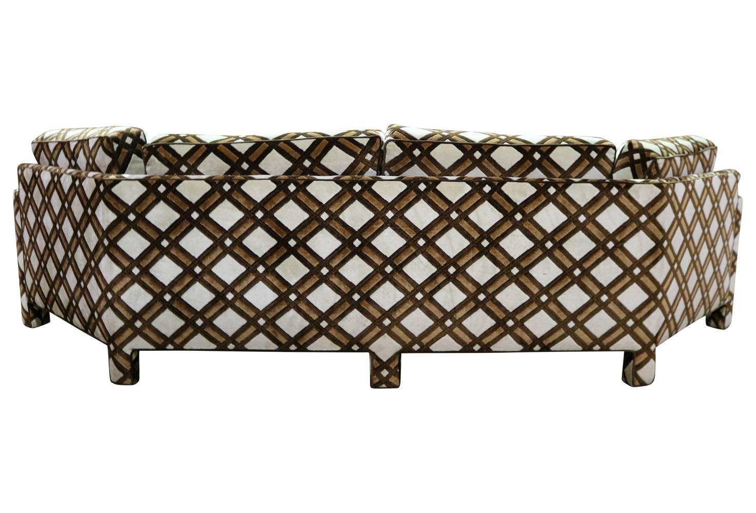 American Brown and White Geometric Lattice 1970s Angled Three-Sided Sofa