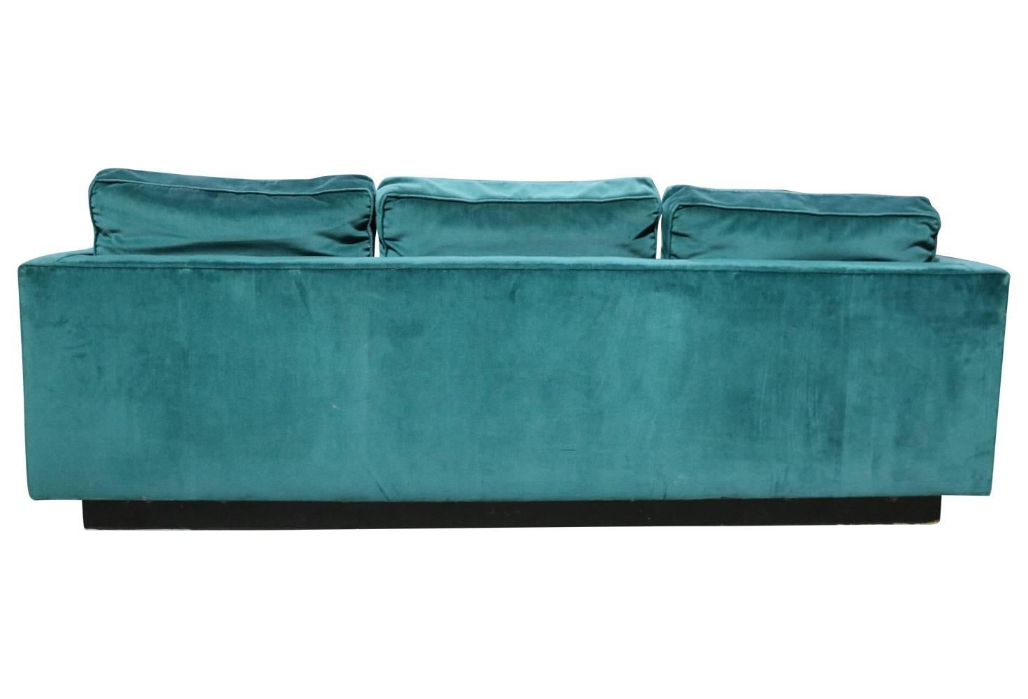 American Emerald Green Velvet 1970s Plinth Base Sofa