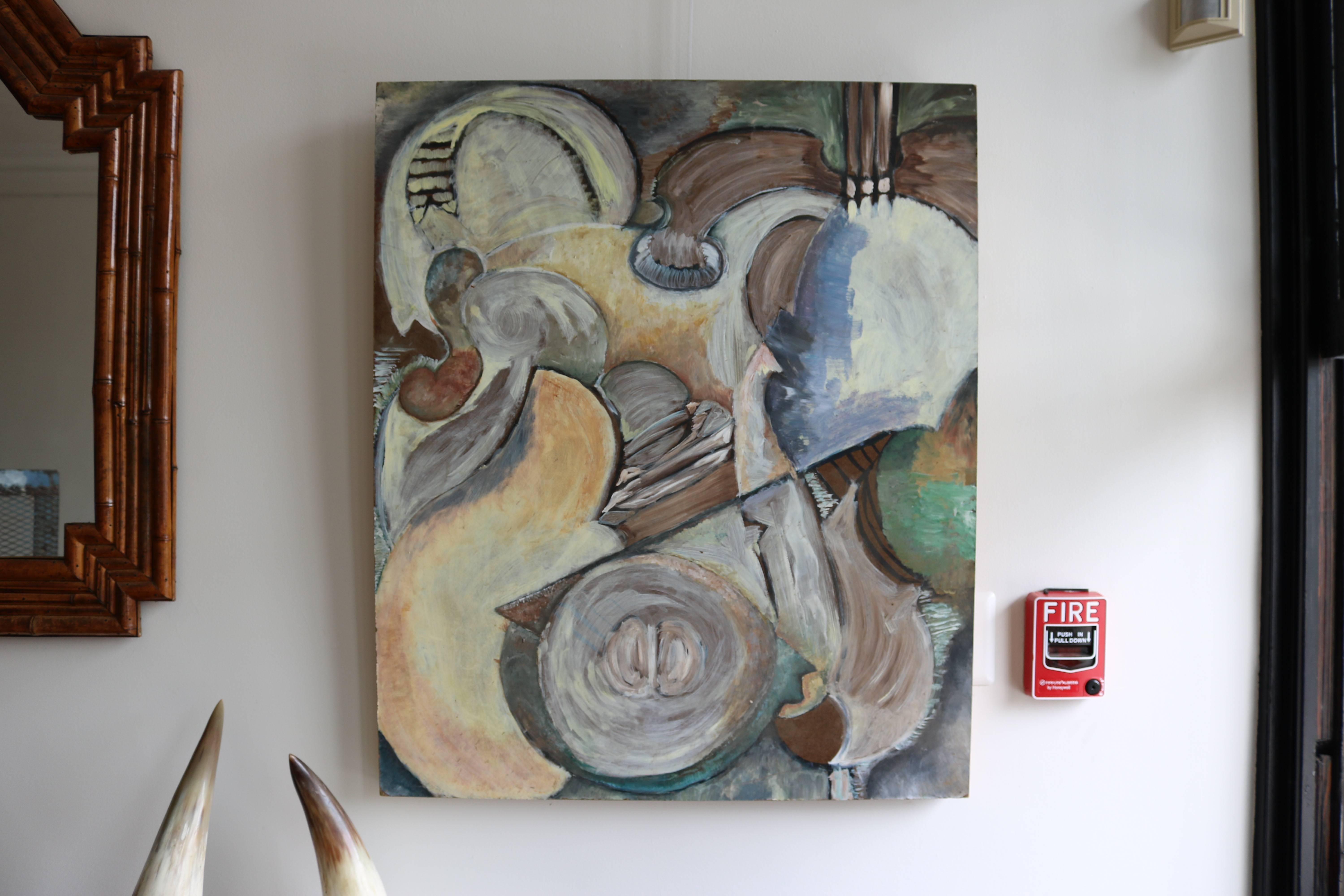 Executed in a style reminiscent of analytic cubism, this lovely oil on panel painting is filled with movement and shape. Lovely muted shades of gold, teal and brown. Unsigned.