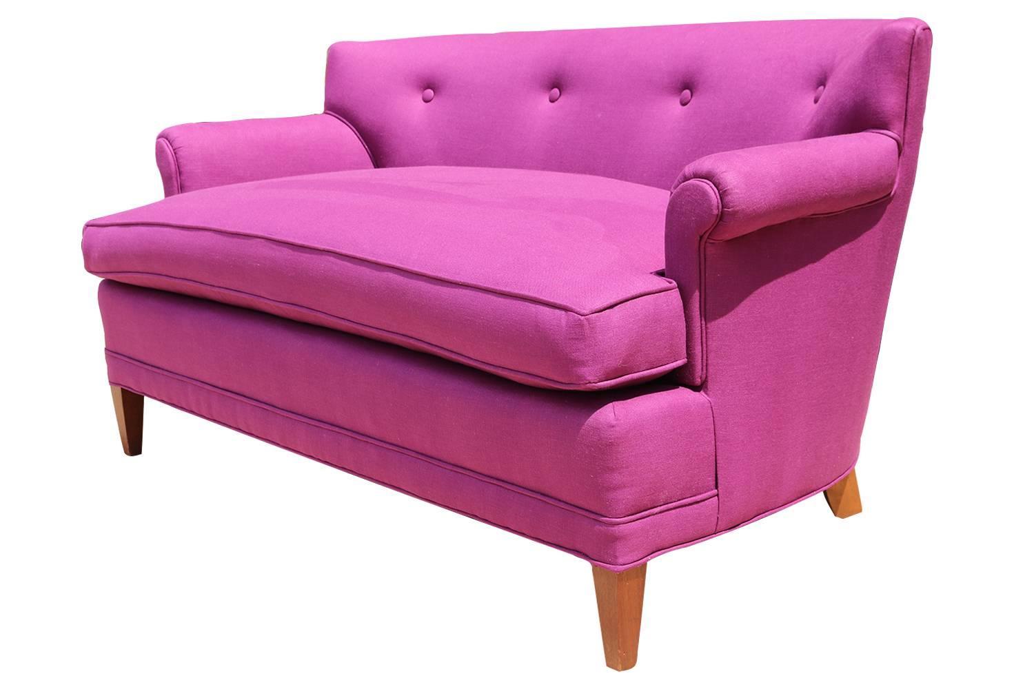 1960s Raspberry Pink Linen Settee Loveseat with Curved Arms at 1stdibs