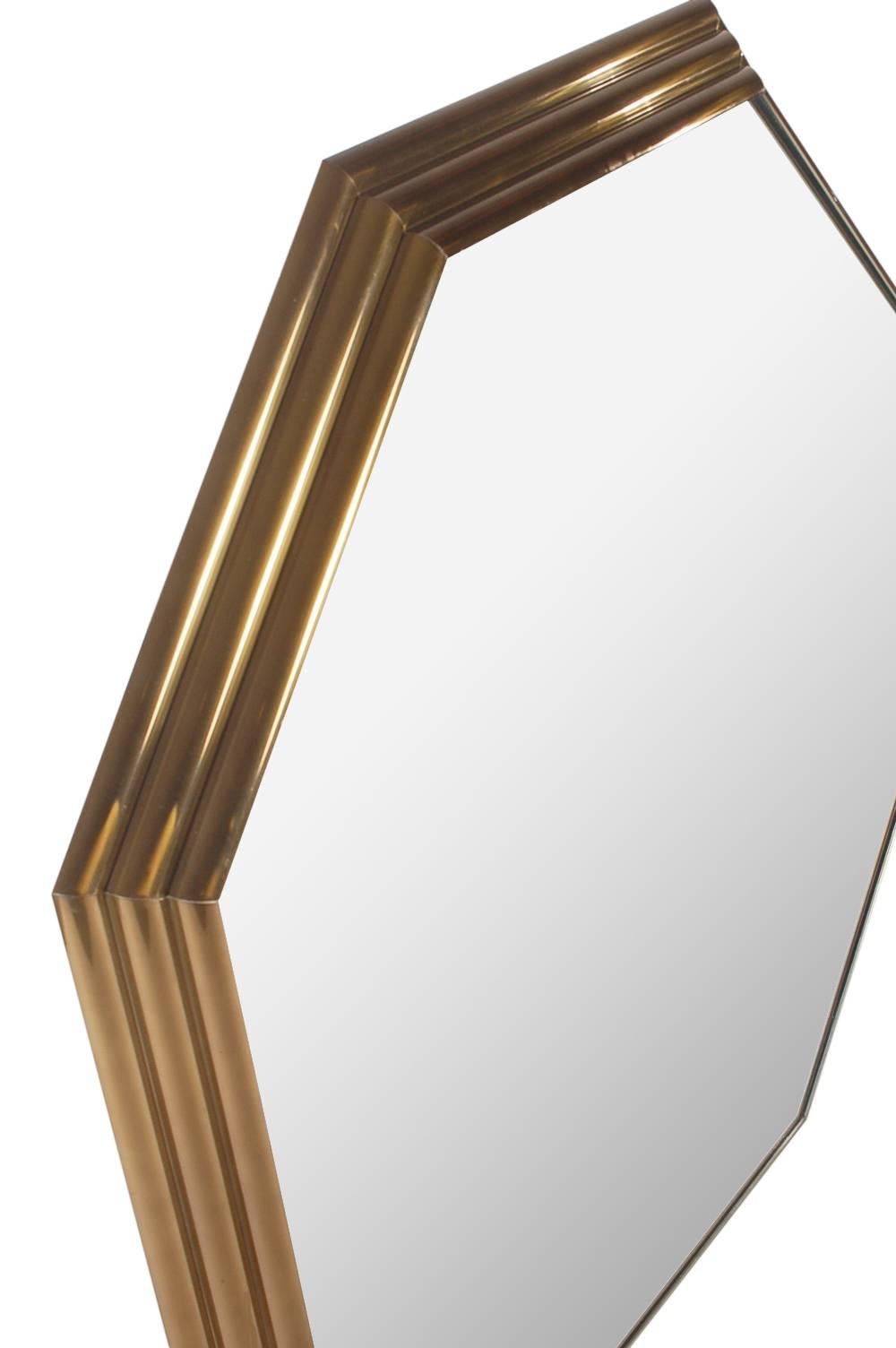 American Large Mid-Century Modern Art Deco Octagonal Brass Wall Mirror