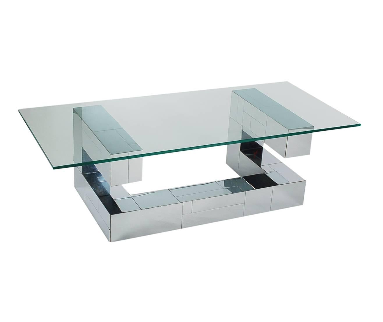 A stunning Cityscape design coffee table by Paul Evans for Directional. It features a chrome patchwork design base with a heavy glass top.