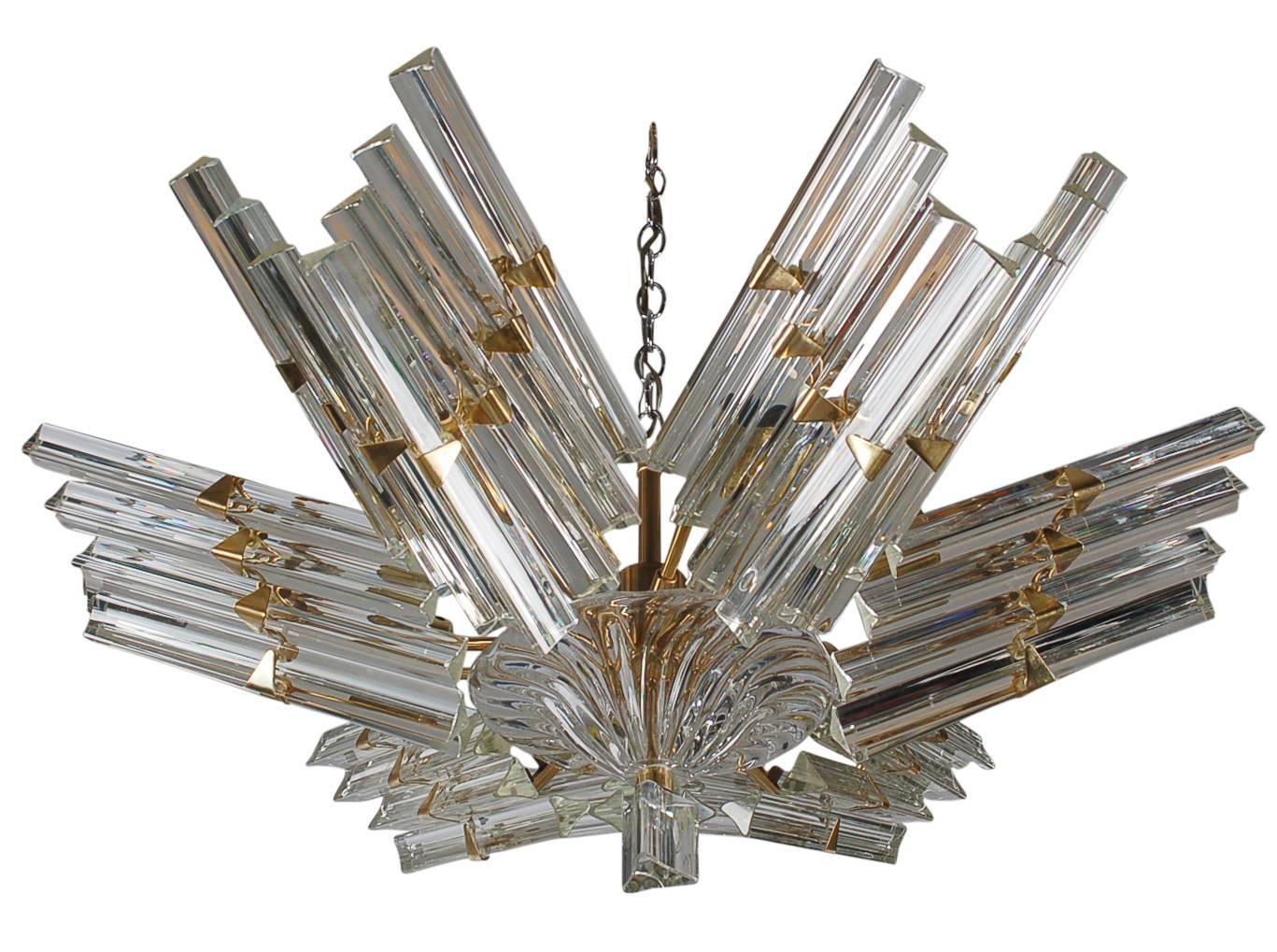 Modern Large Camer Brass and Venini Tiedri Glass Art Deco Form Chandelier after Murano