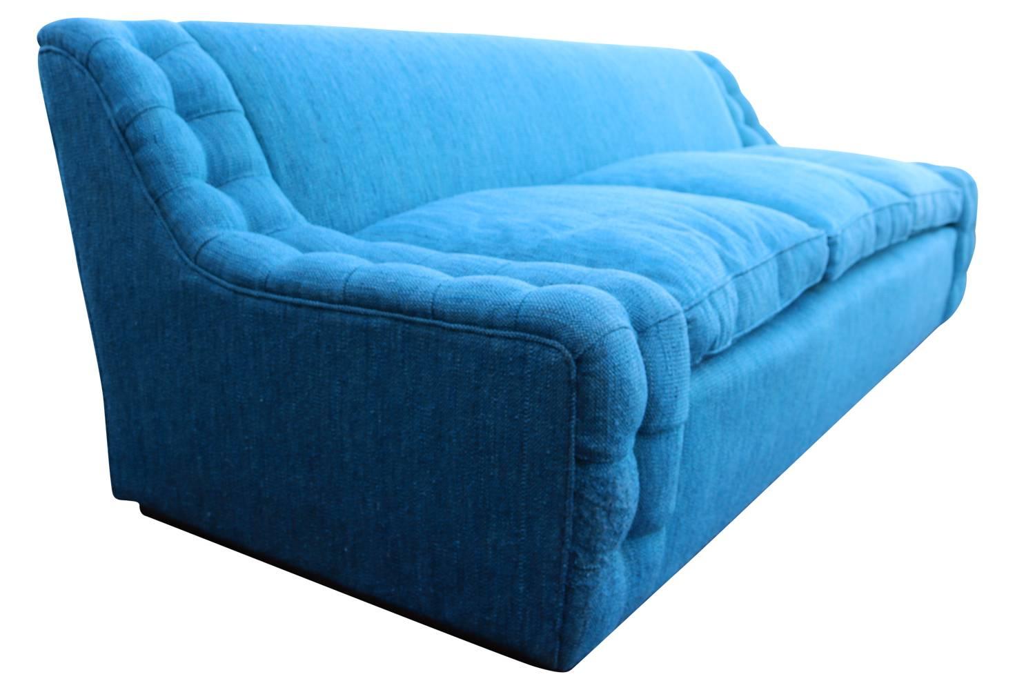 American Blue Plinth Based Sofa with Tufted Arms