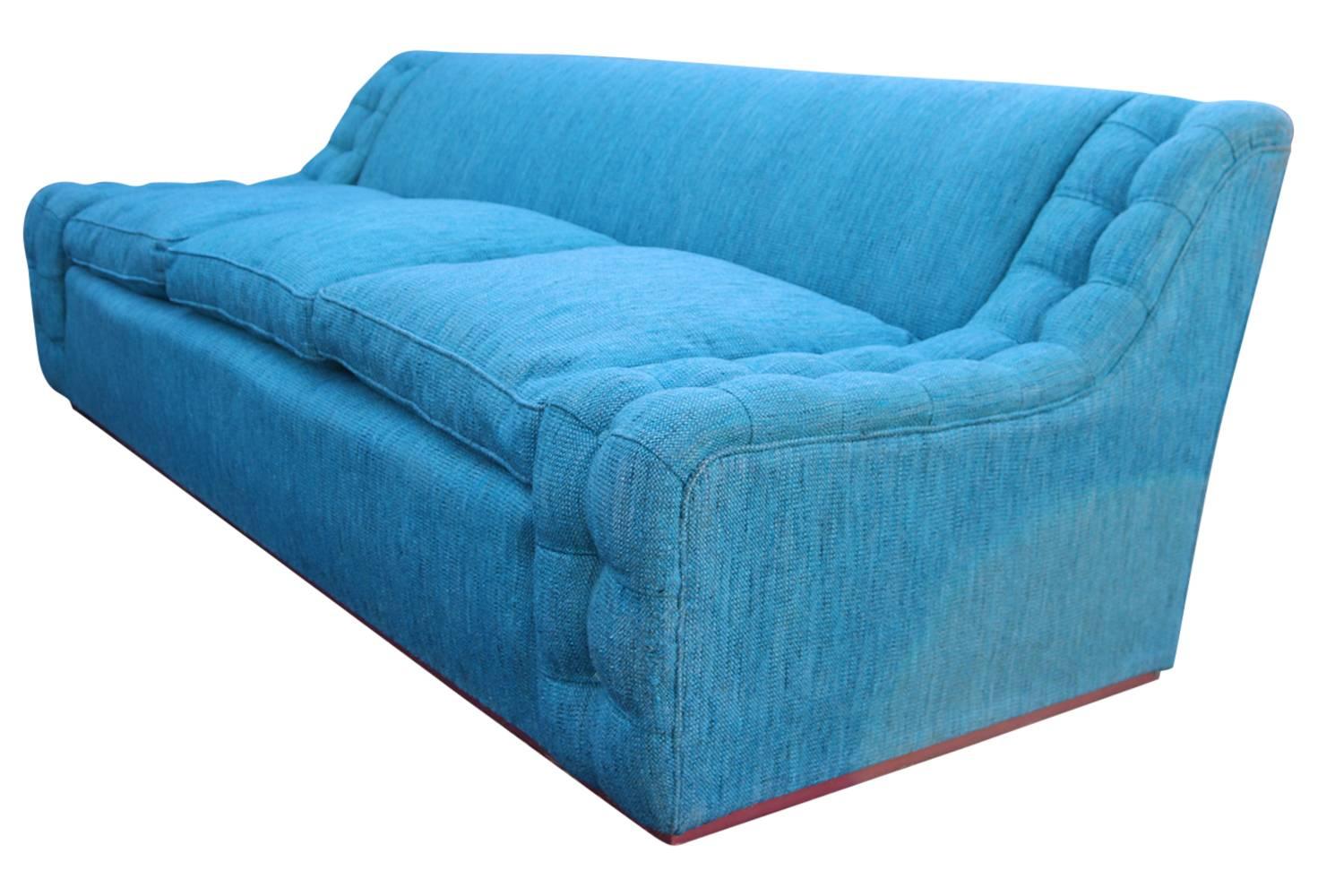 Mid-Century Modern Blue Plinth Based Sofa with Tufted Arms