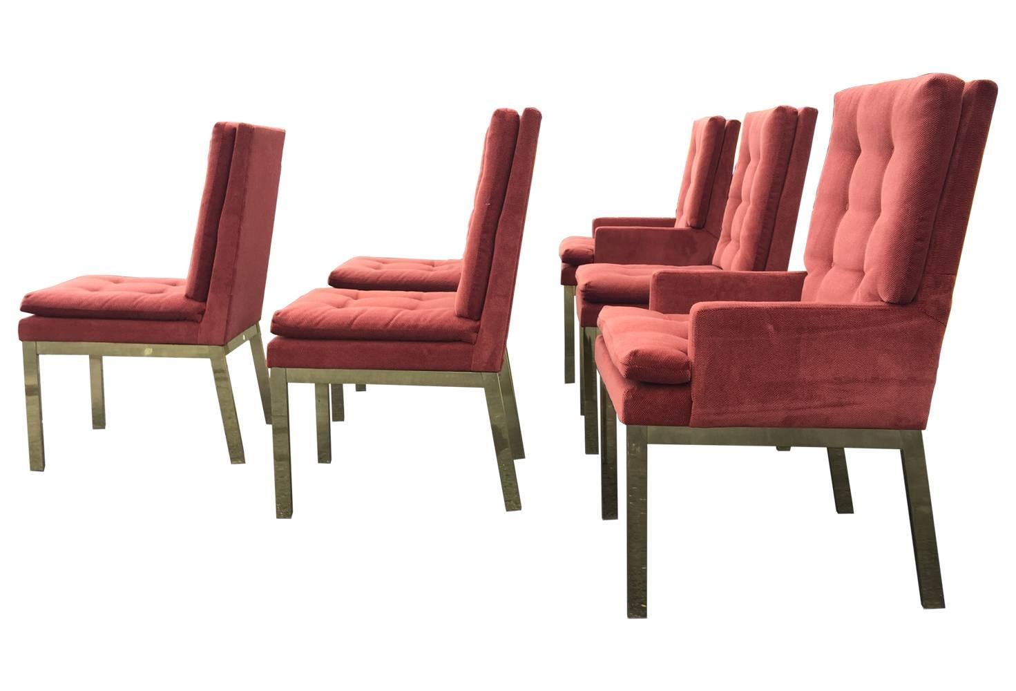 A lovely set of six brass Parsons style dining chairs designed by Milo Baughman for Design Institute of America. Labels intact. Upholstered in a salmon pink and burgundy red herringbone velvet. Great condition, one seat has a pen mark (pictured),
