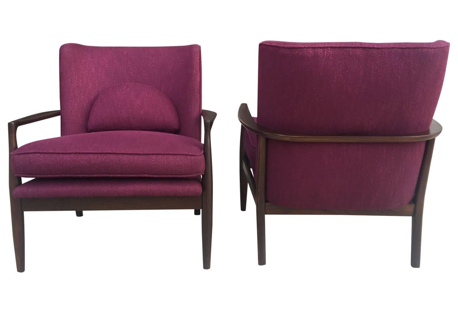 American Pair of Purple Mid-Century Walnut Armchairs in Manner of Ib Kofod-Larsen