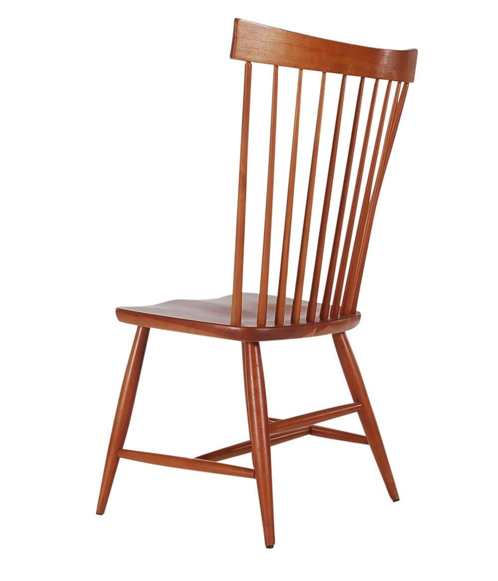 Set of Six Mid-Century Modern Windsor Tall Spindle Back Dining Chairs in Cherry In Excellent Condition In Philadelphia, PA
