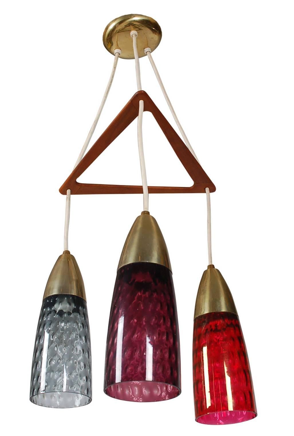 Scandinavian Modern Mid-Century Danish Modern Three Art Glass Pendant Teak and Brass Chandelier Lamp