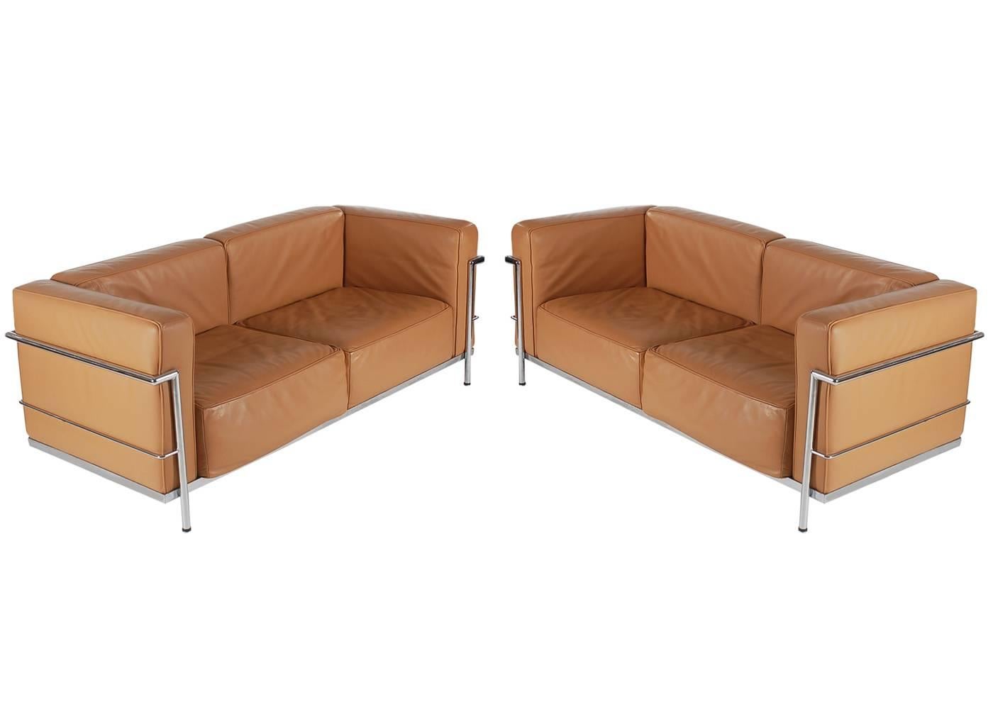 Italian Mid-Century Modern Pair of Tan Leather Sofas in the Style LC2 Corbusier Cassina 
