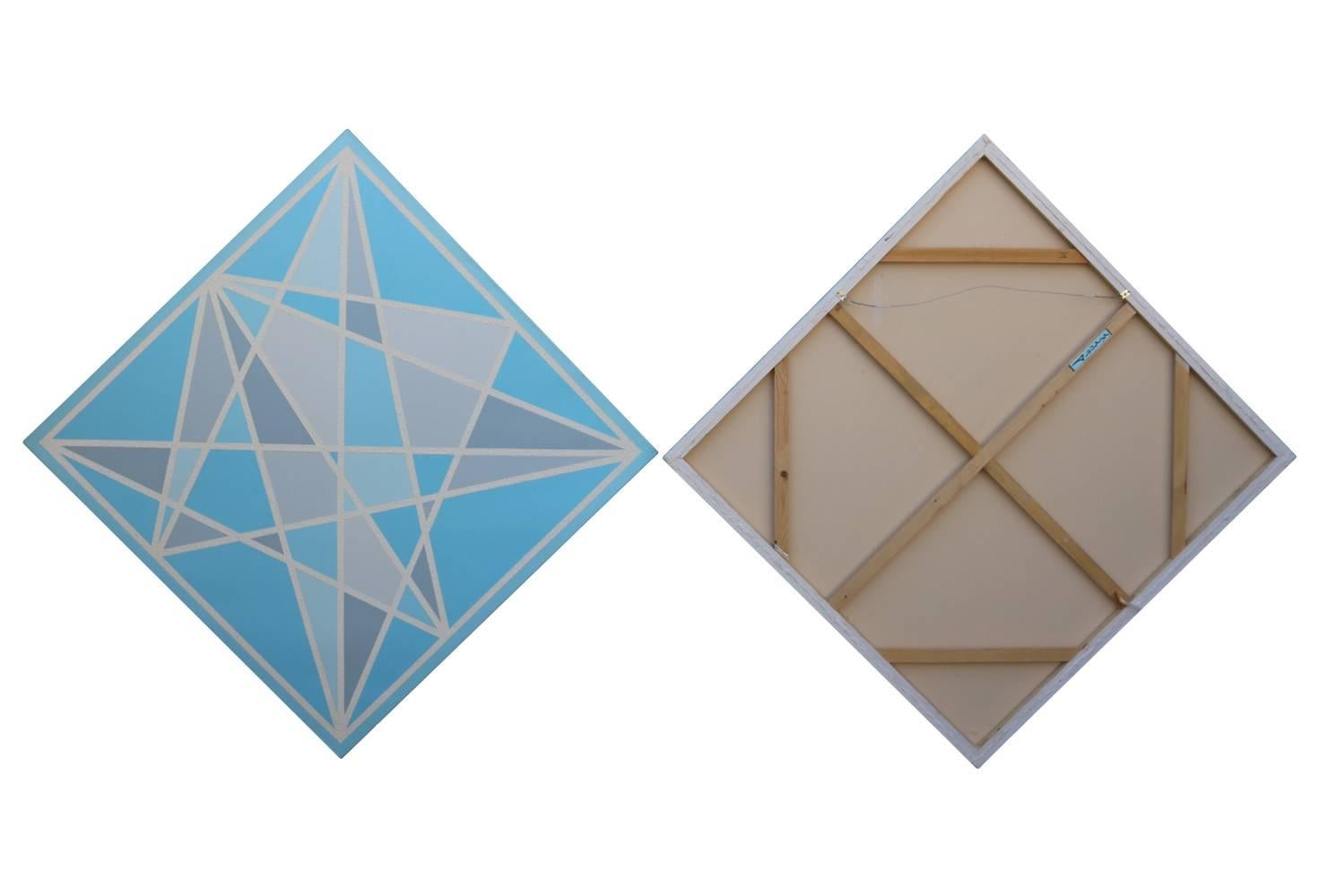 American Pair of Hard Edge Geometric Abstract Paintings in Blue Grey and White