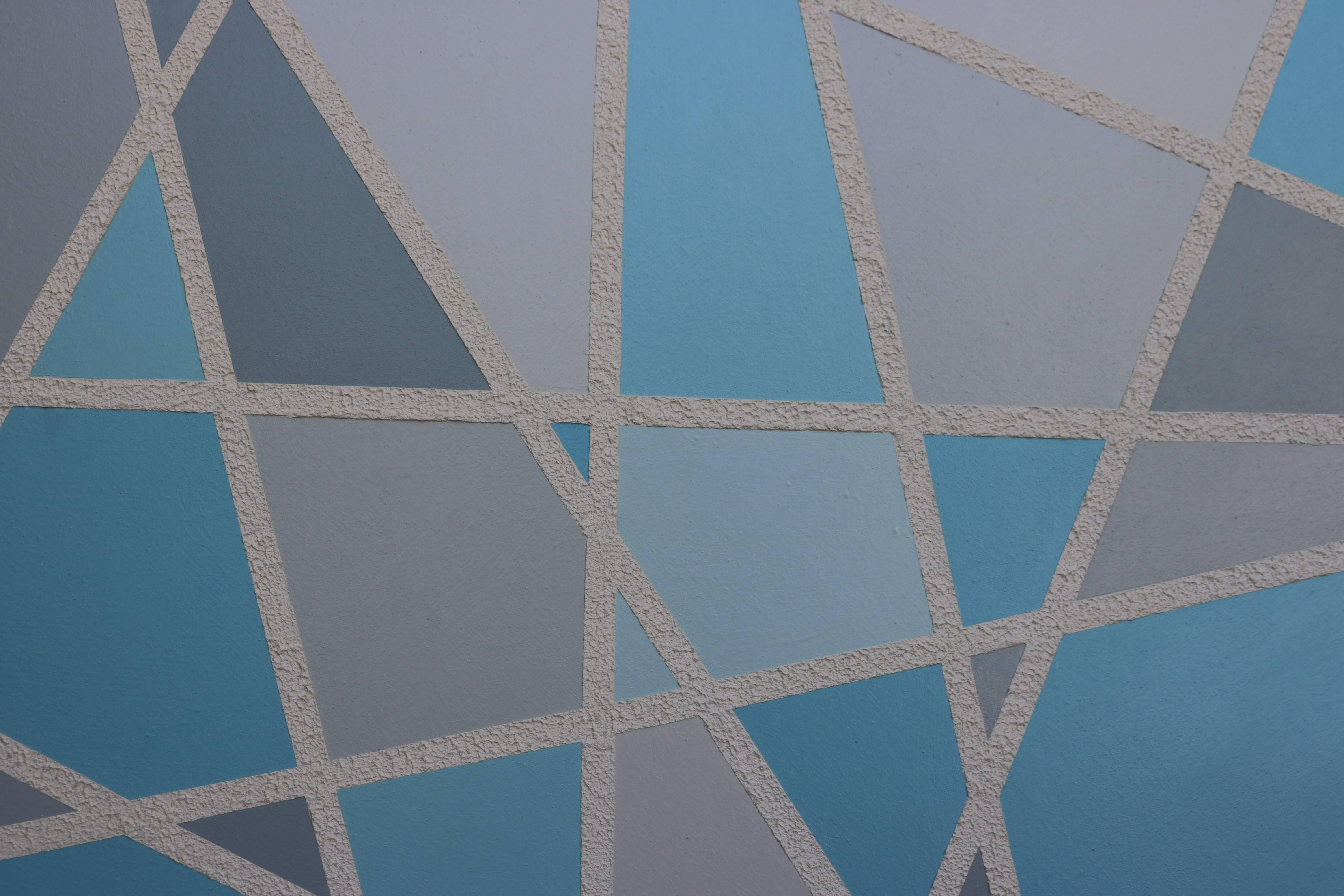 Post-Modern Pair of Hard Edge Geometric Abstract Paintings in Blue Grey and White