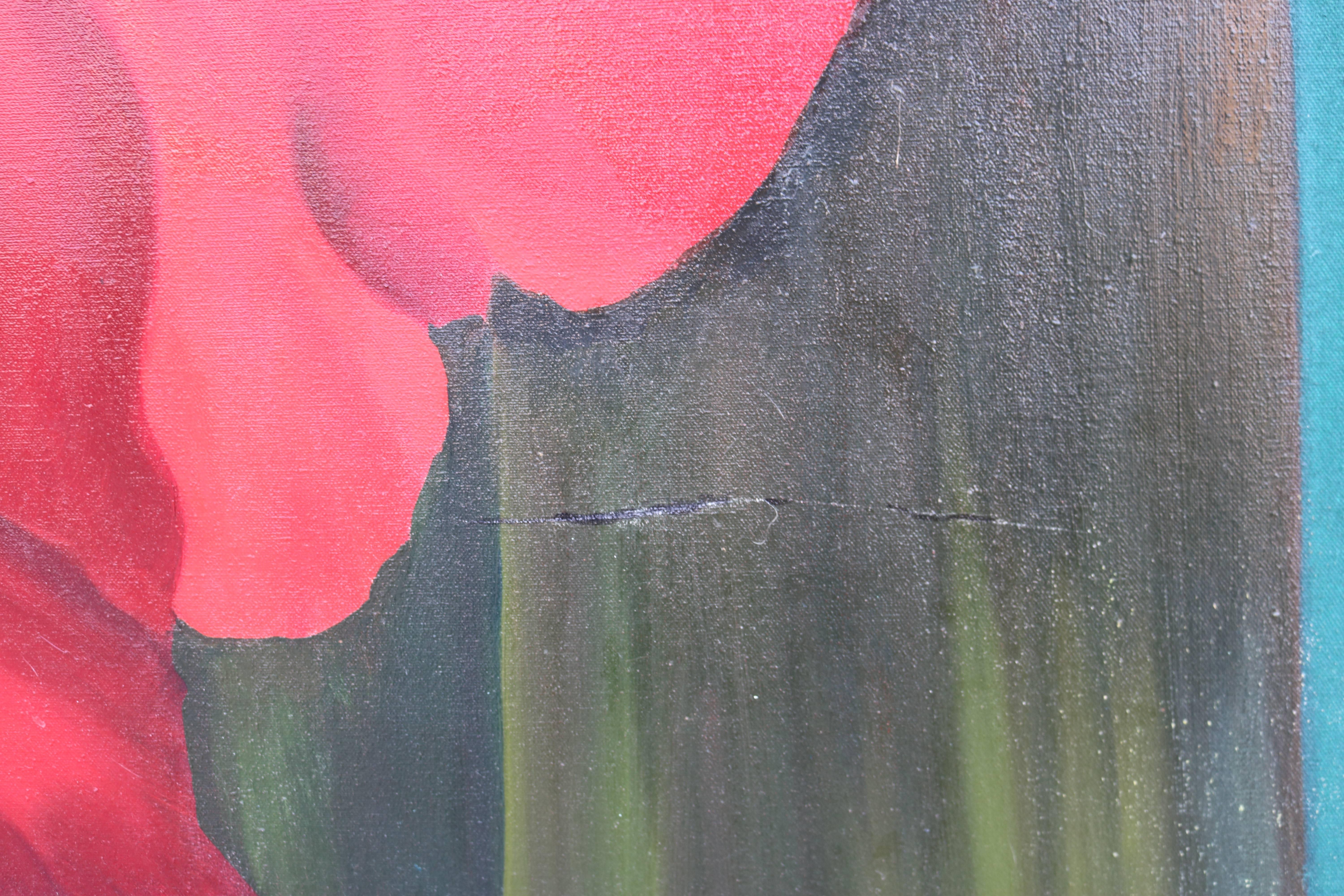 I found this painting at auction and fell in love with its color and gigantic size! What a statement piece! A vibrant gladiola dominates a green background. Overall great shape with one scratch and one are of loss (both lower right side). Signed