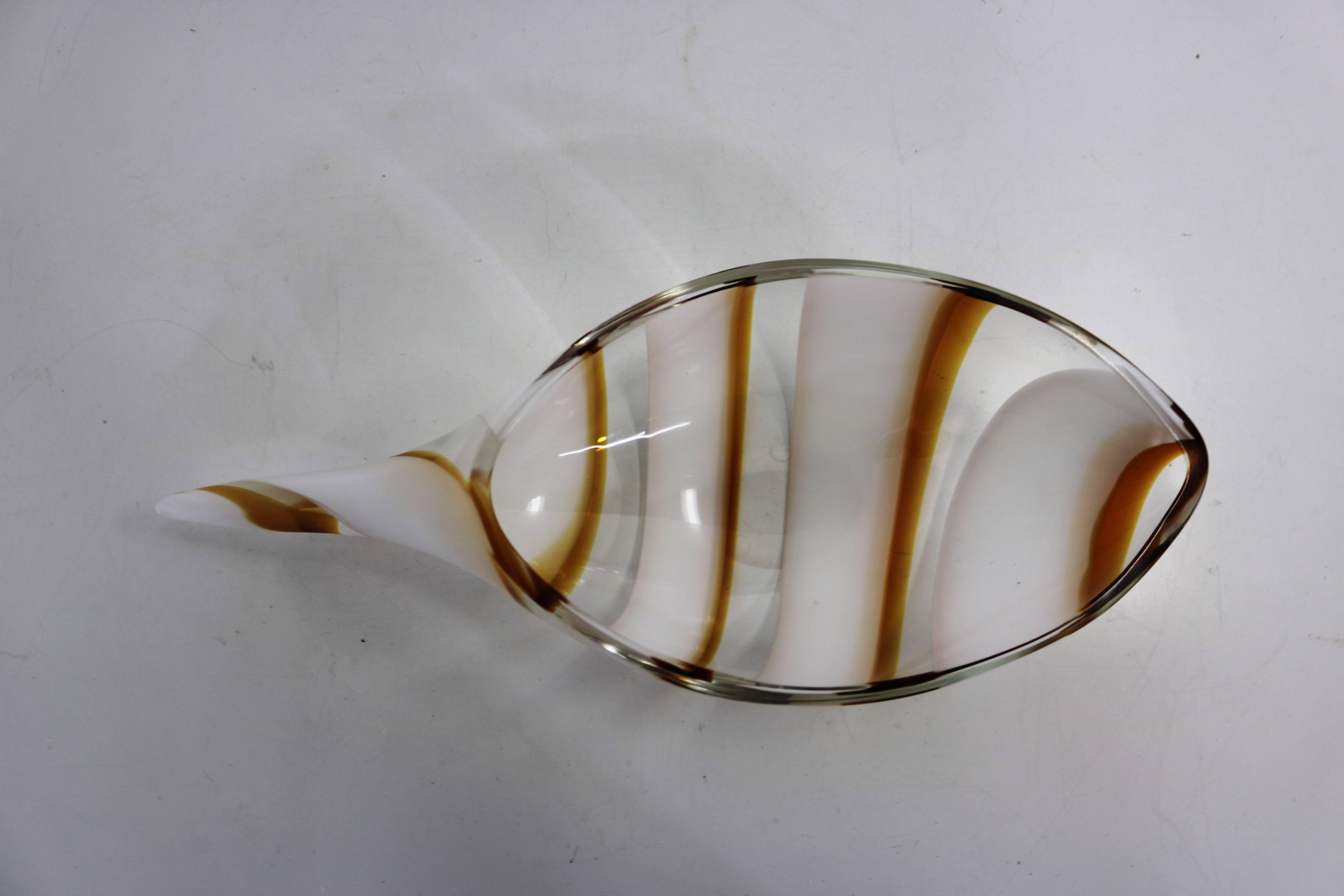 Mid-Century Modern Signed Caramel, White and Clear Glass Italian Seguso Dish Bowl