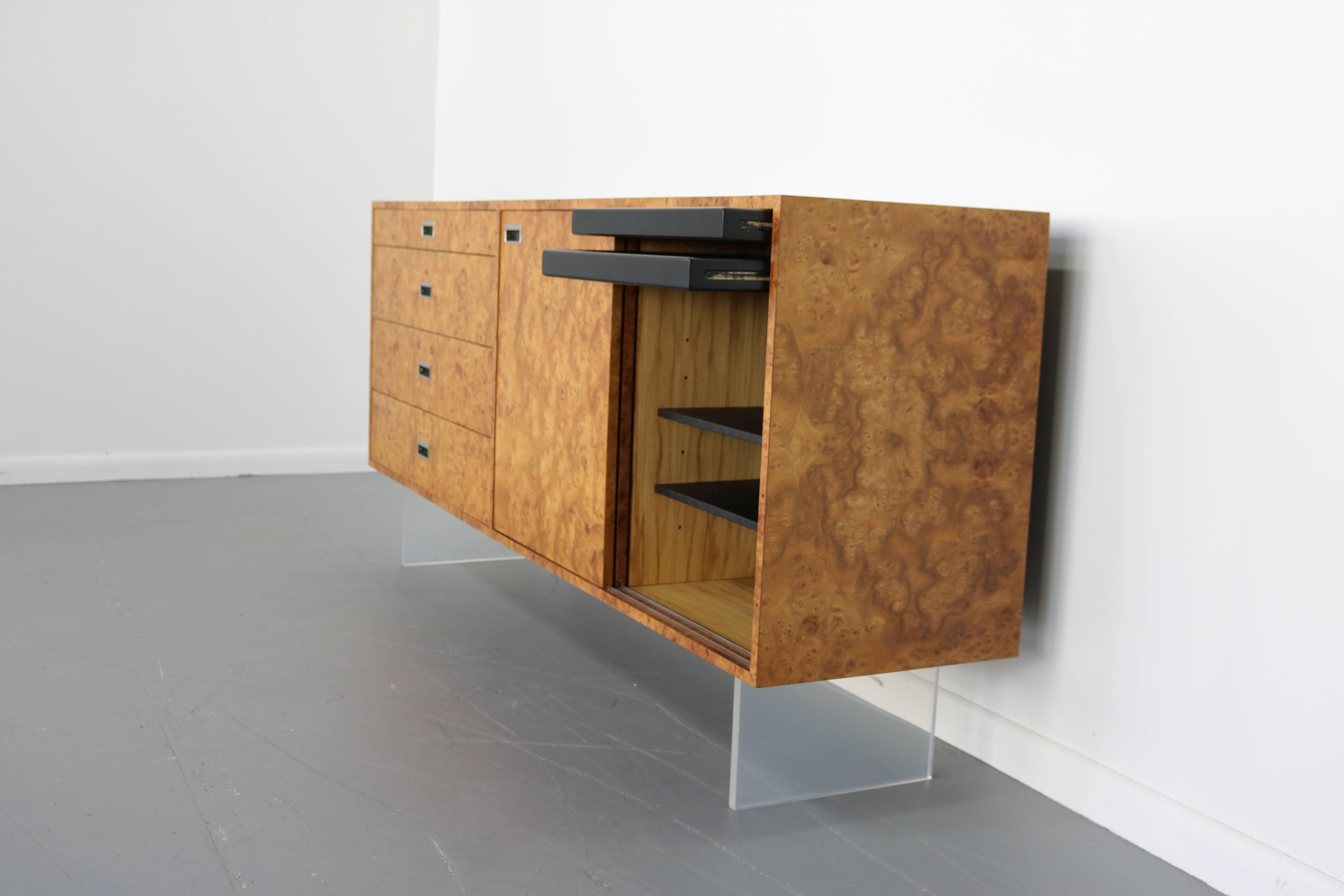 Mid-Century Modern Custom 1972 Burl and Lucite Credenza by Harvey Probber