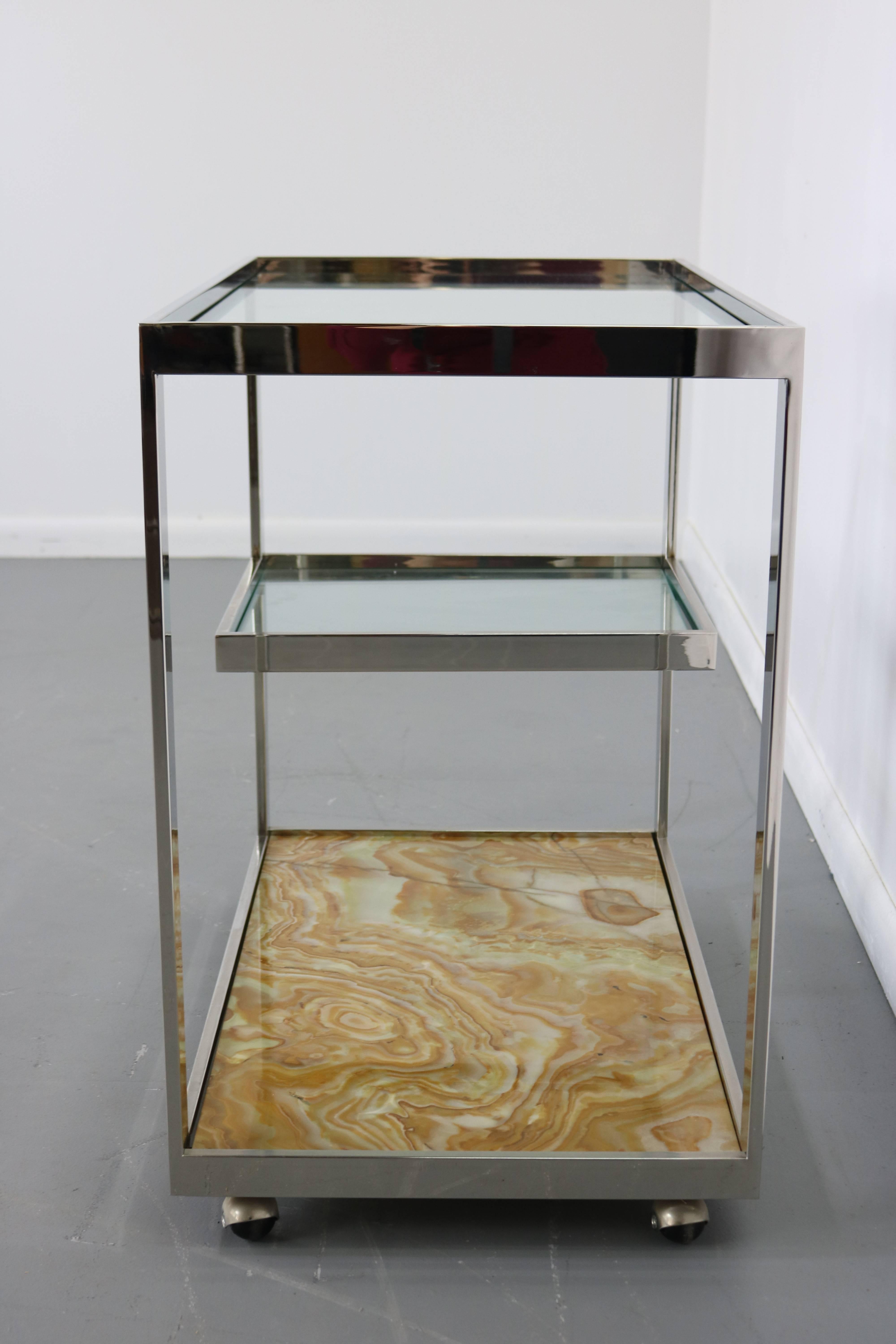 Cy Mann Chrome Glass and Onyx Bar Cart In Excellent Condition In Philadelphia, PA