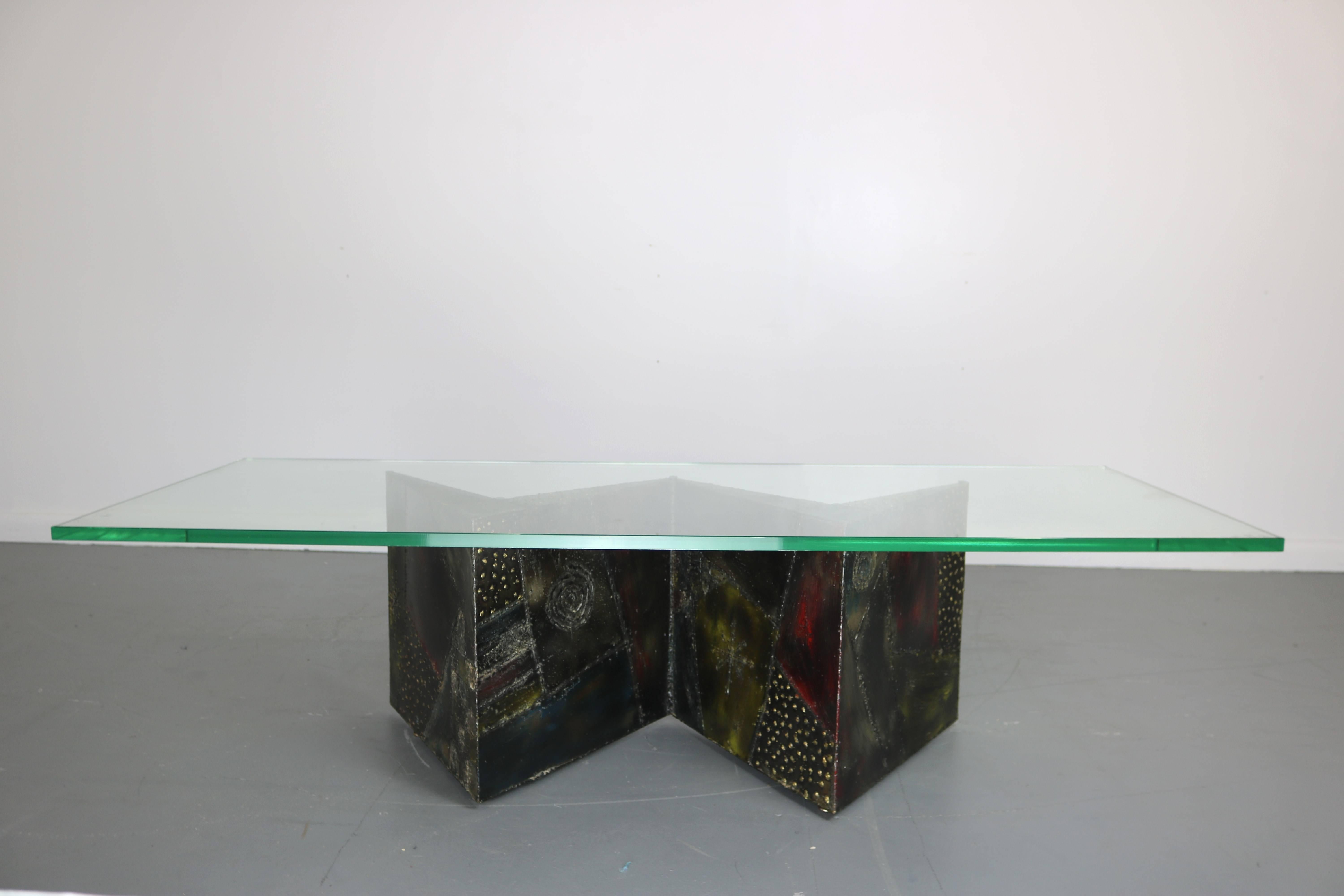 Vintage Mid-Century Modern Brutalist Paul Evans for Directional PE-11 coffee cocktail table. Sculpted and welded metal patchwork. Bronze patina accented by primary colors.