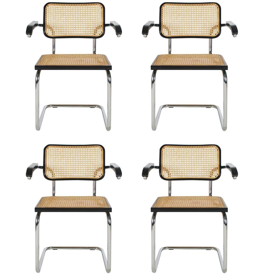 Italian Mid-Century Modern Set of Four Marcel Breuer Cesca Cane Armchair Dining Chairs