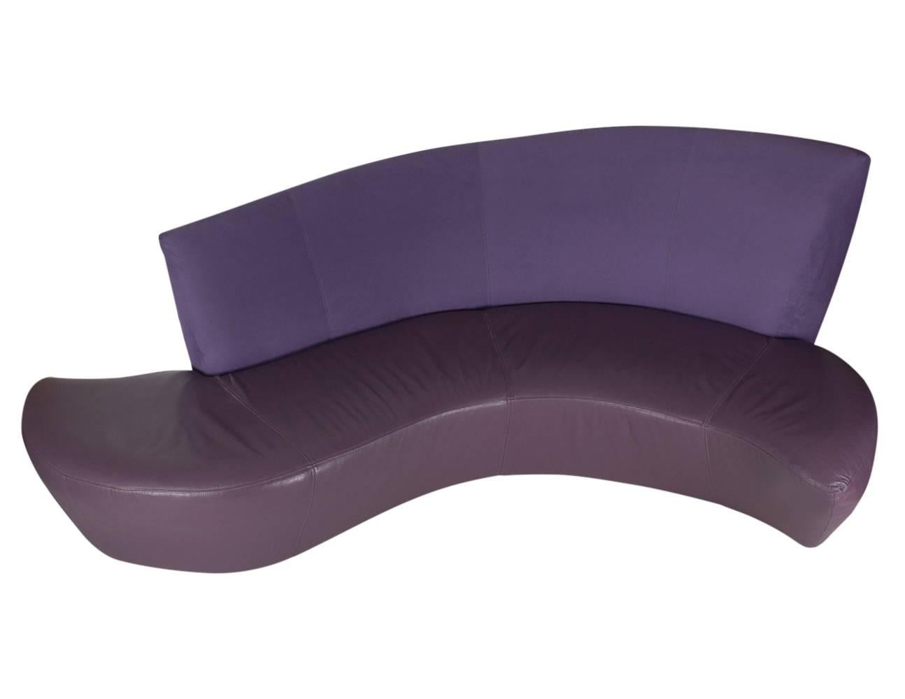 A beautiful sculptural Bilboa sofa in purple leather and suede designed by Vladimir Kagan. The sofa was manufactured in the late 1980s and is in excellent condition.