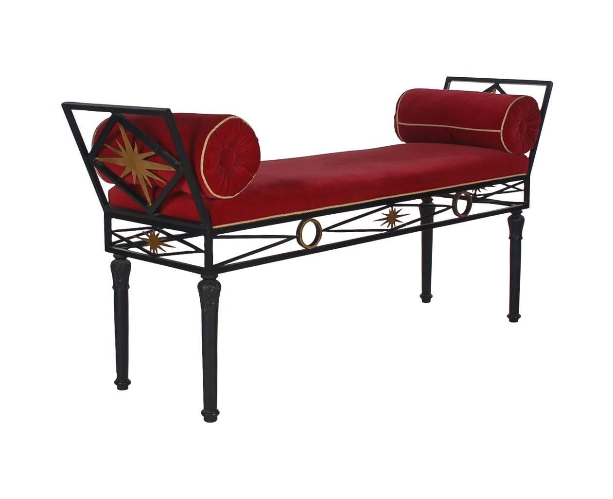 A very high-quality Italian bench. It features heavy cast iron framing, gold gilded details with velvet cushion and pillows. 

In the style of Maison Jansen or James Mont.
