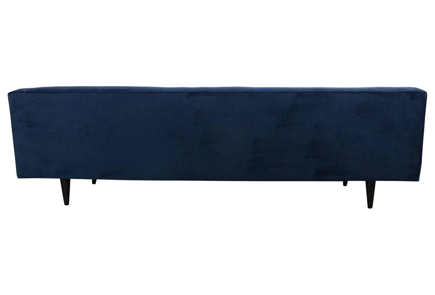 mid century blue velvet sofa