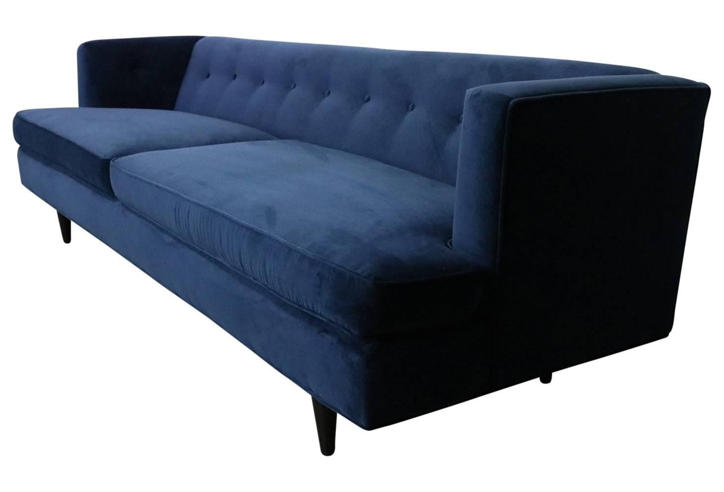 mid century modern blue velvet sofa