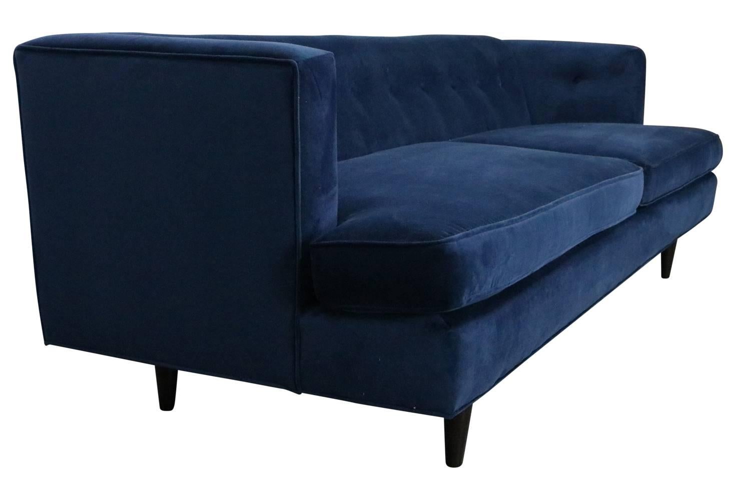 blue velvet mid century sofa
