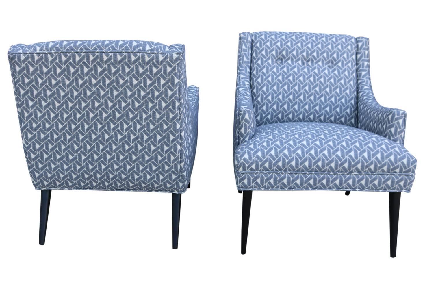 American Pair of Mid-Century Modern Armchairs with Grey and White Geometric Upholstery