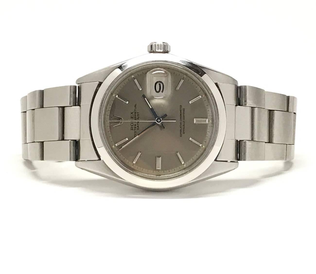 Mid-Century Modern Vintage Men's Rolex Datejust Oyster Wristwatch Stainless Steel and Gray Dial