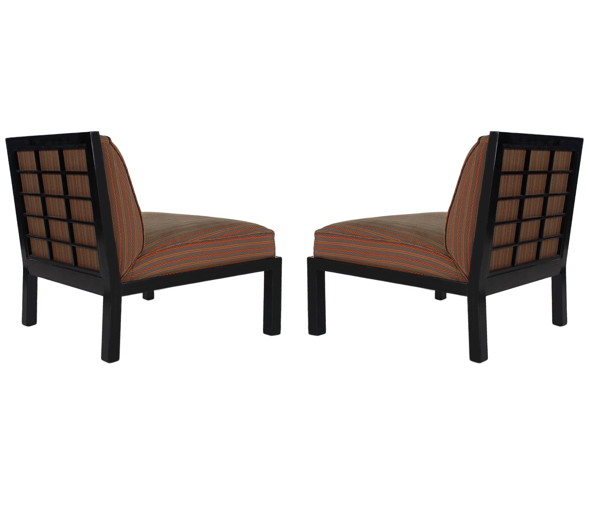 American Midcentury Asian Modern Black Slipper Lounge Chairs by Michael Taylor for Baker