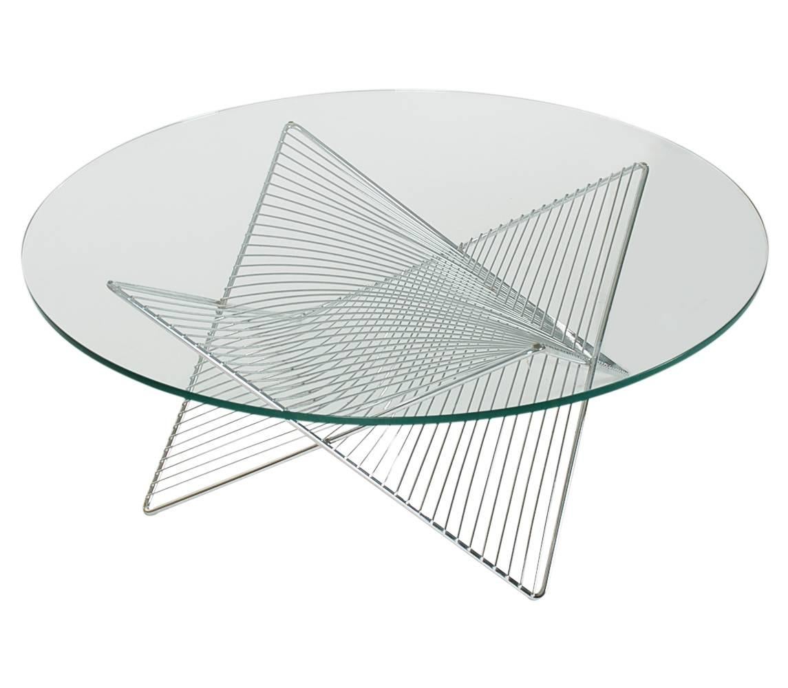American Mid-Century Modern Sculptural Geometric Chrome and Glass Round Cocktail Table