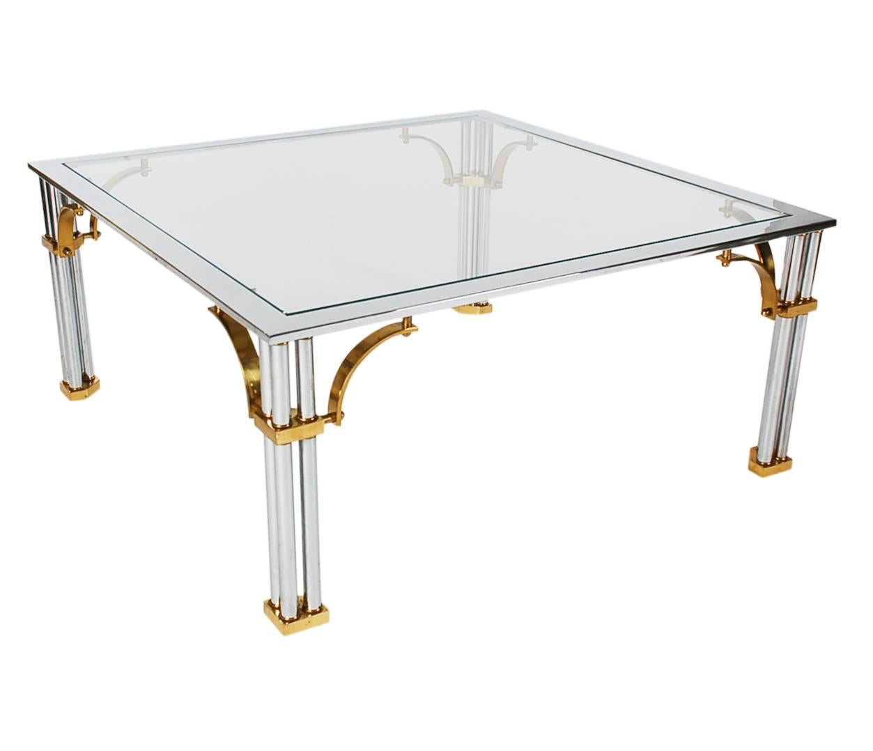 Italian Hollywood Regency Brass, Chrome and Glass Square Cocktail Table, Maison Jansen