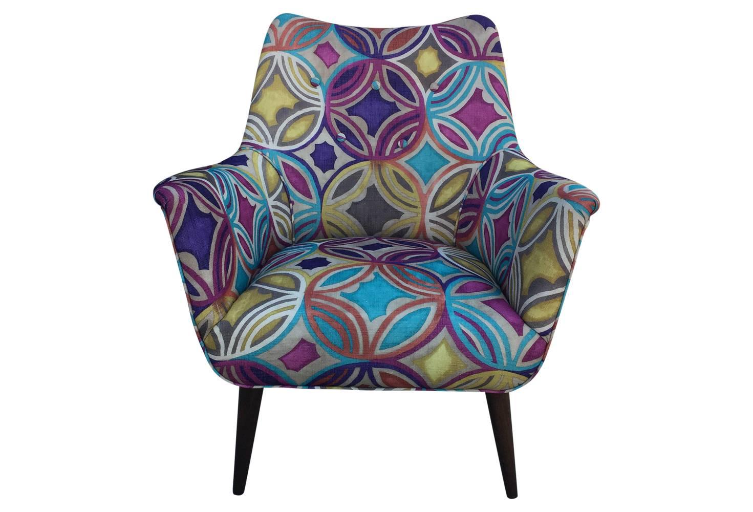 Walnut Colorful Mid-Century Modern Danish Chair in Abstract Expressionist Fabric