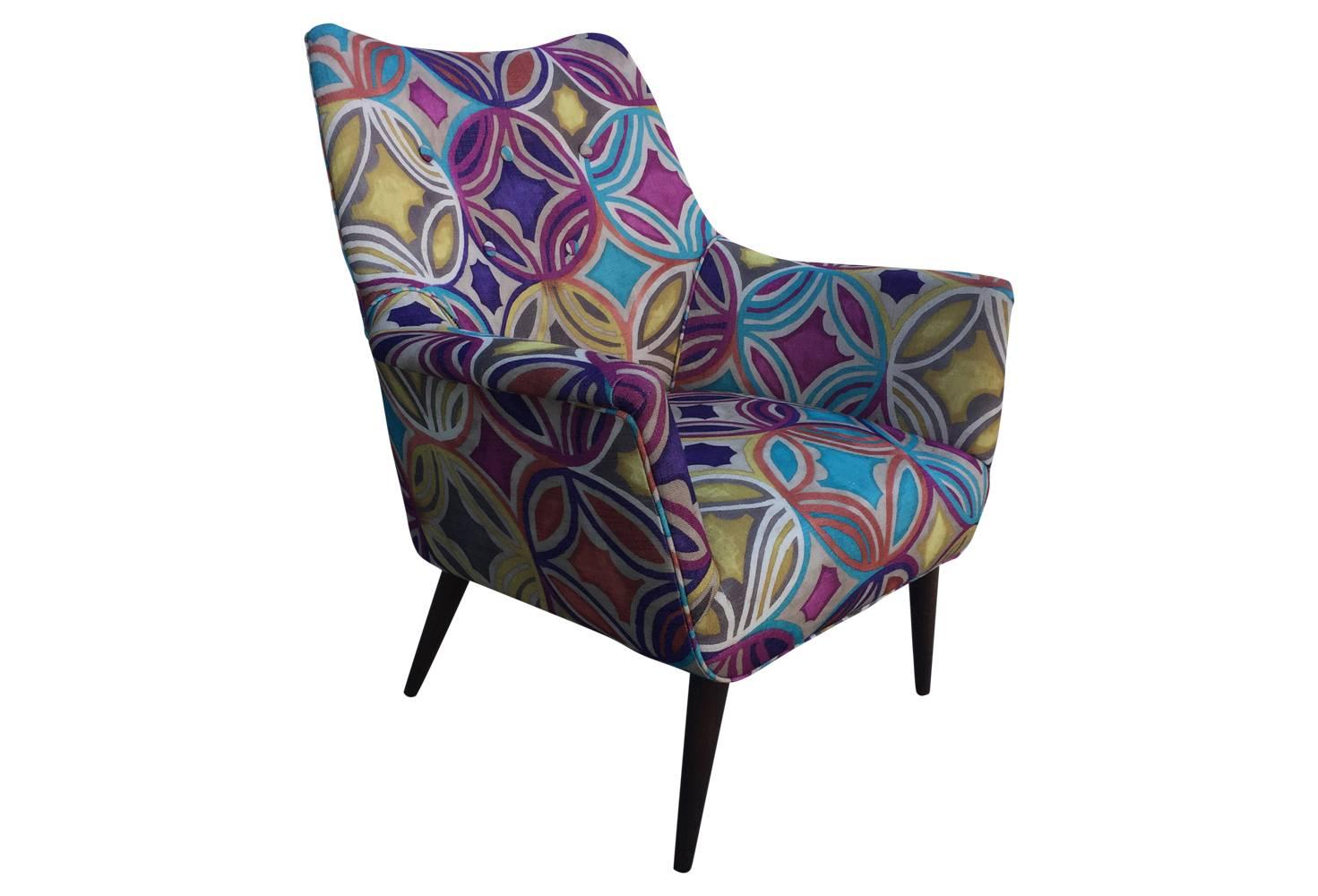 Lovingly restored head to toe Mid-Century Modern Danish chair with walnut legs. Jewel toned upholstery pattern is reminiscent of abstract Expressionist paintings by Ellsworth Kelly.

Measures: Seat height 17 inches.
Seat depth 19 inches.