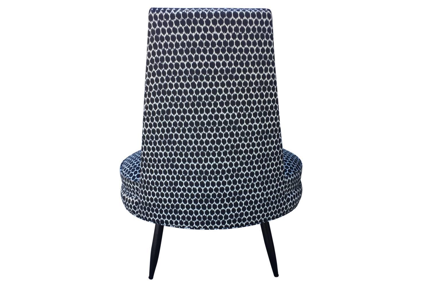 20th Century Charcoal Grey and White Ikat Polka Dot Mid-Century Modern High Back Chair