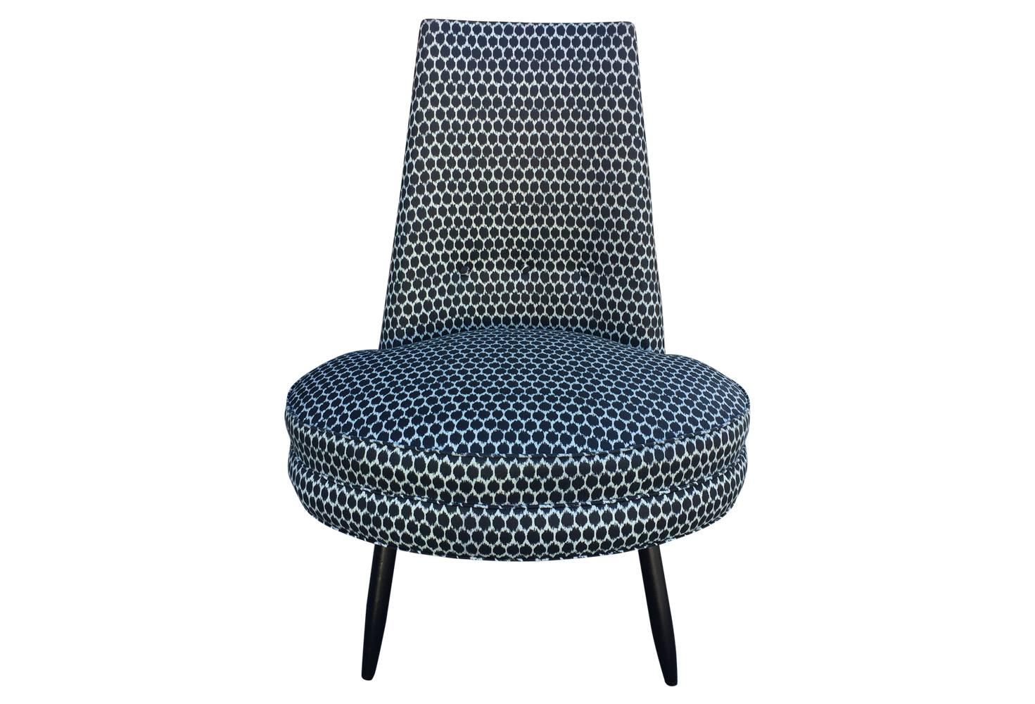 American Charcoal Grey and White Ikat Polka Dot Mid-Century Modern High Back Chair