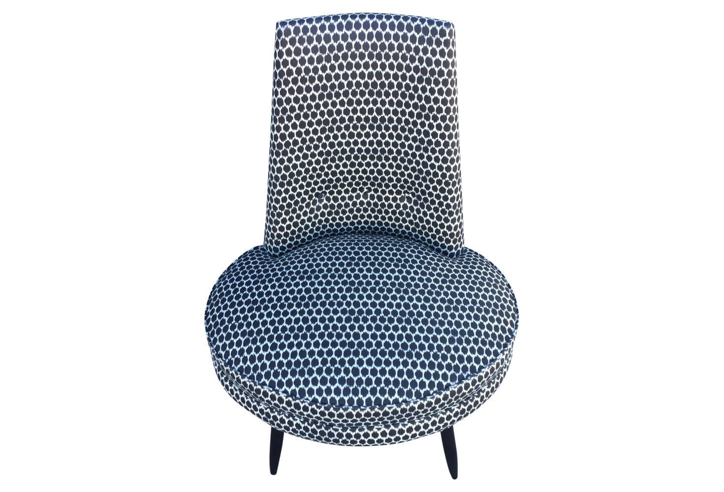 Charcoal Grey and White Ikat Polka Dot Mid-Century Modern High Back Chair In Excellent Condition In Philadelphia, PA