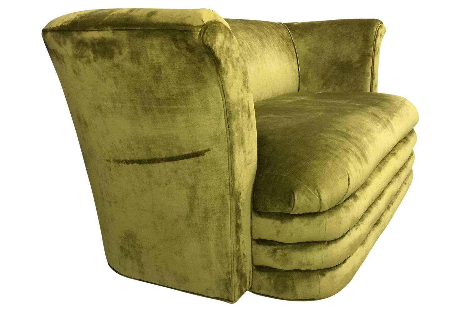 American Mid-Century Modern Art Deco Inspired Chartreuse Velvet Sofa and Loveseat