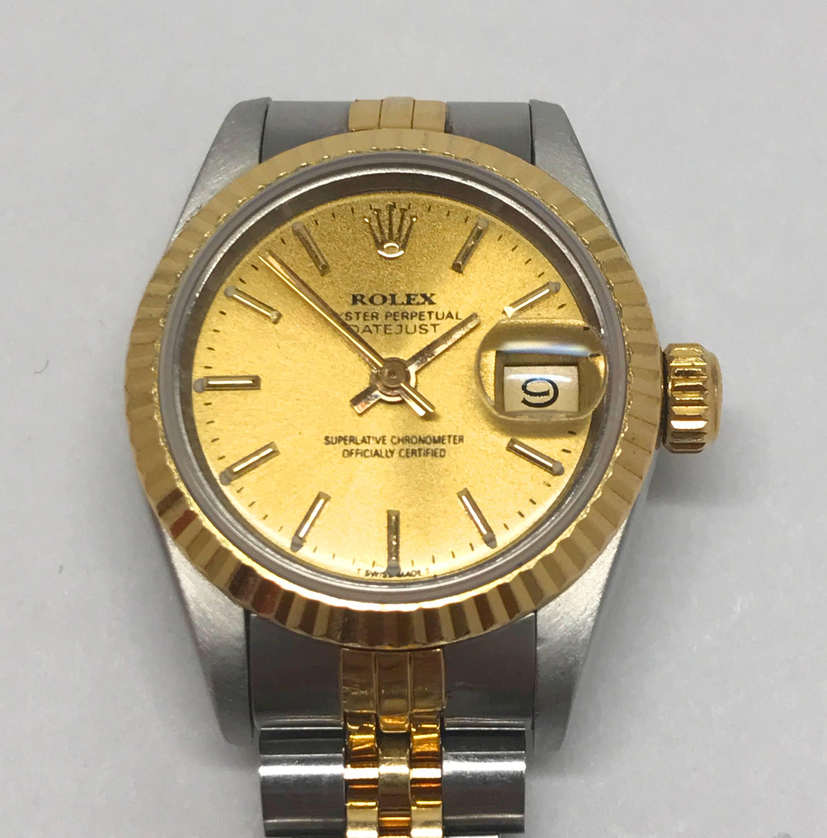 Rolex Stainless Steel and Yellow Gold Two-Tone Ladies Datejust Wristwatch In Excellent Condition In Philadelphia, PA