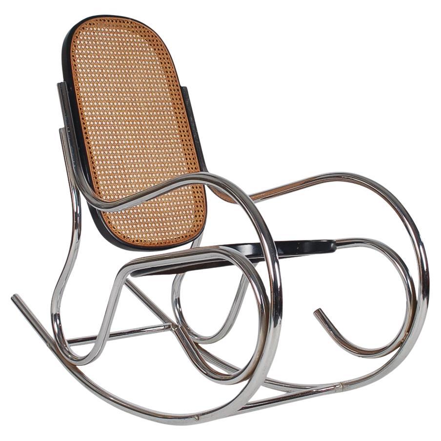 Midcentury Scrolled Chrome and Cane Rocking Chair in the Manner of Marcel Breuer