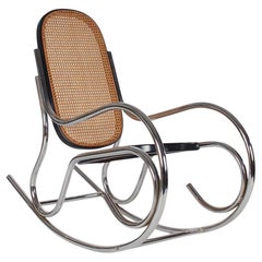 Midcentury Scrolled Chrome and Cane Rocking Chair in the Manner of Marcel Breuer