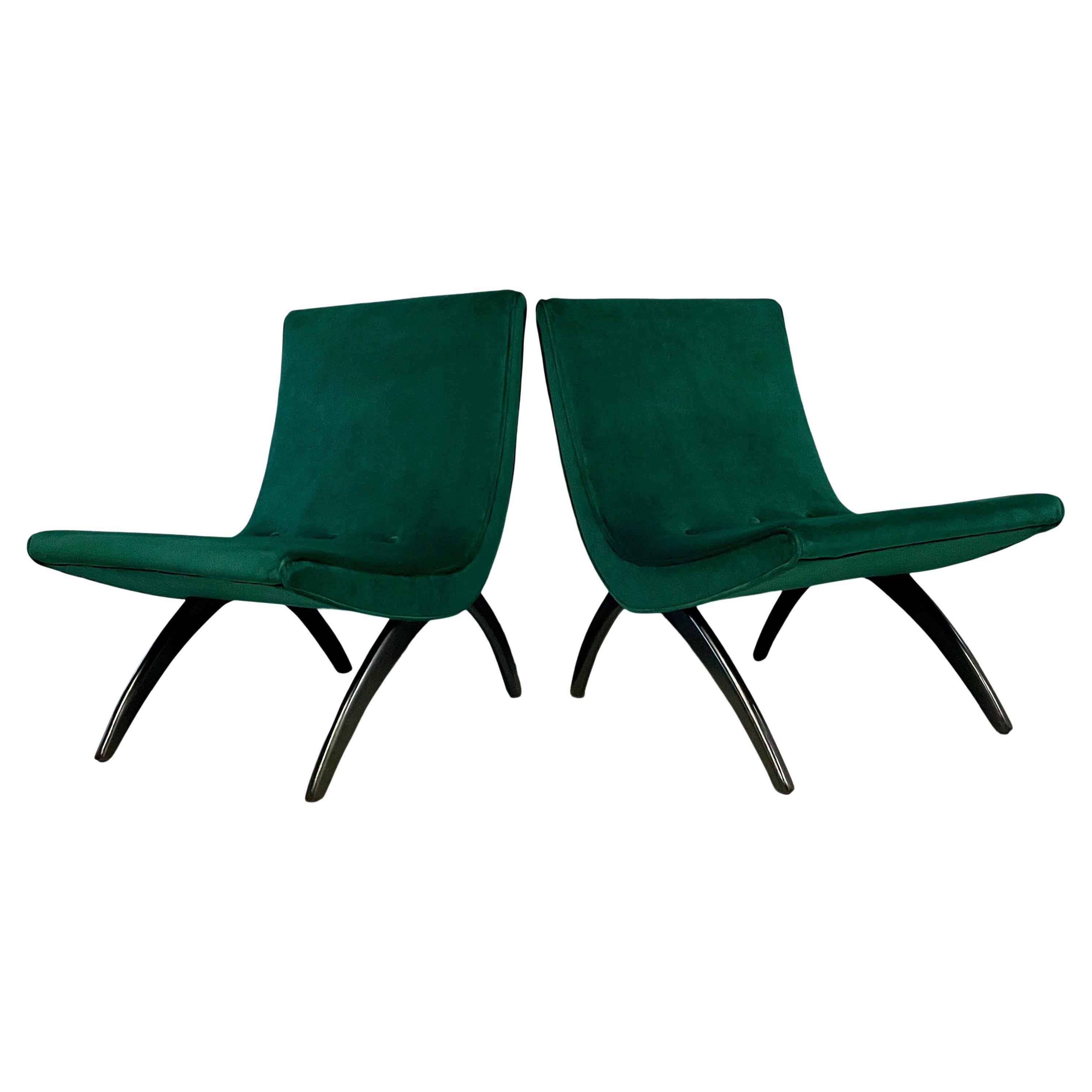 Early Pair of Scoop Chairs Ebonized Legs,  Velvet Upholstery Milo Baughman Style