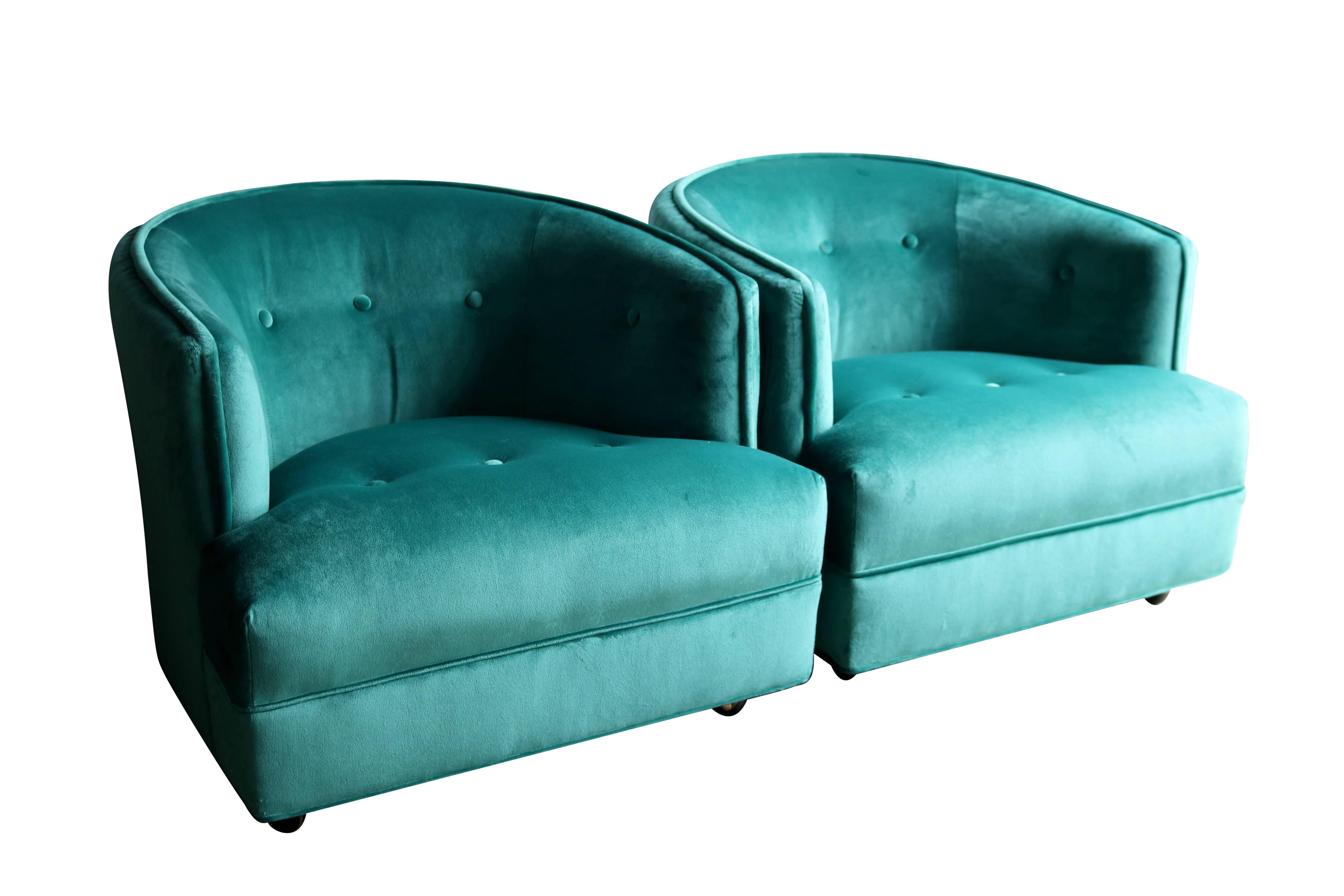 American Pair of Aqua Velvet Barrel Back Club Chairs