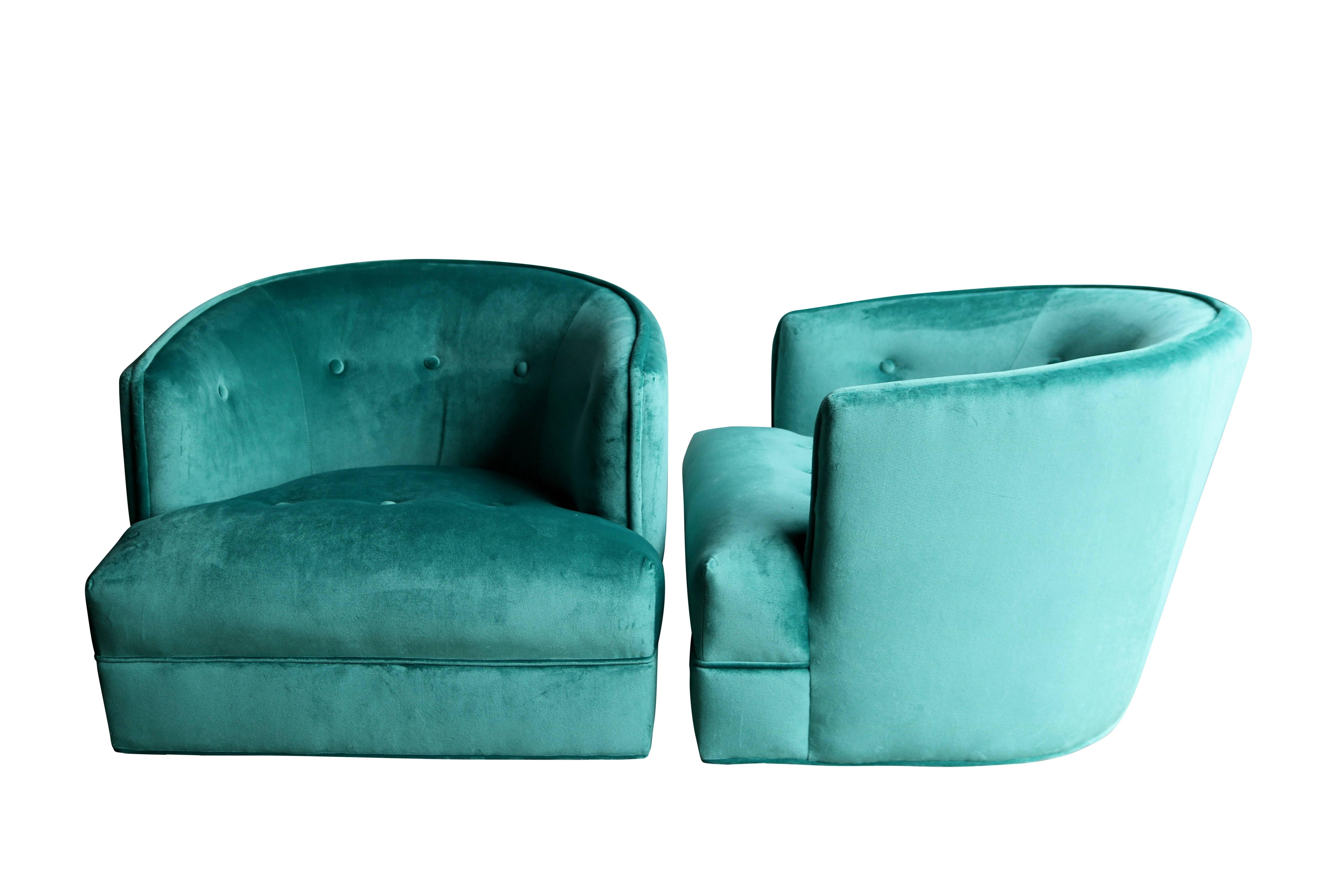 Hollywood Regency Pair of Aqua Velvet Barrel Back Club Chairs