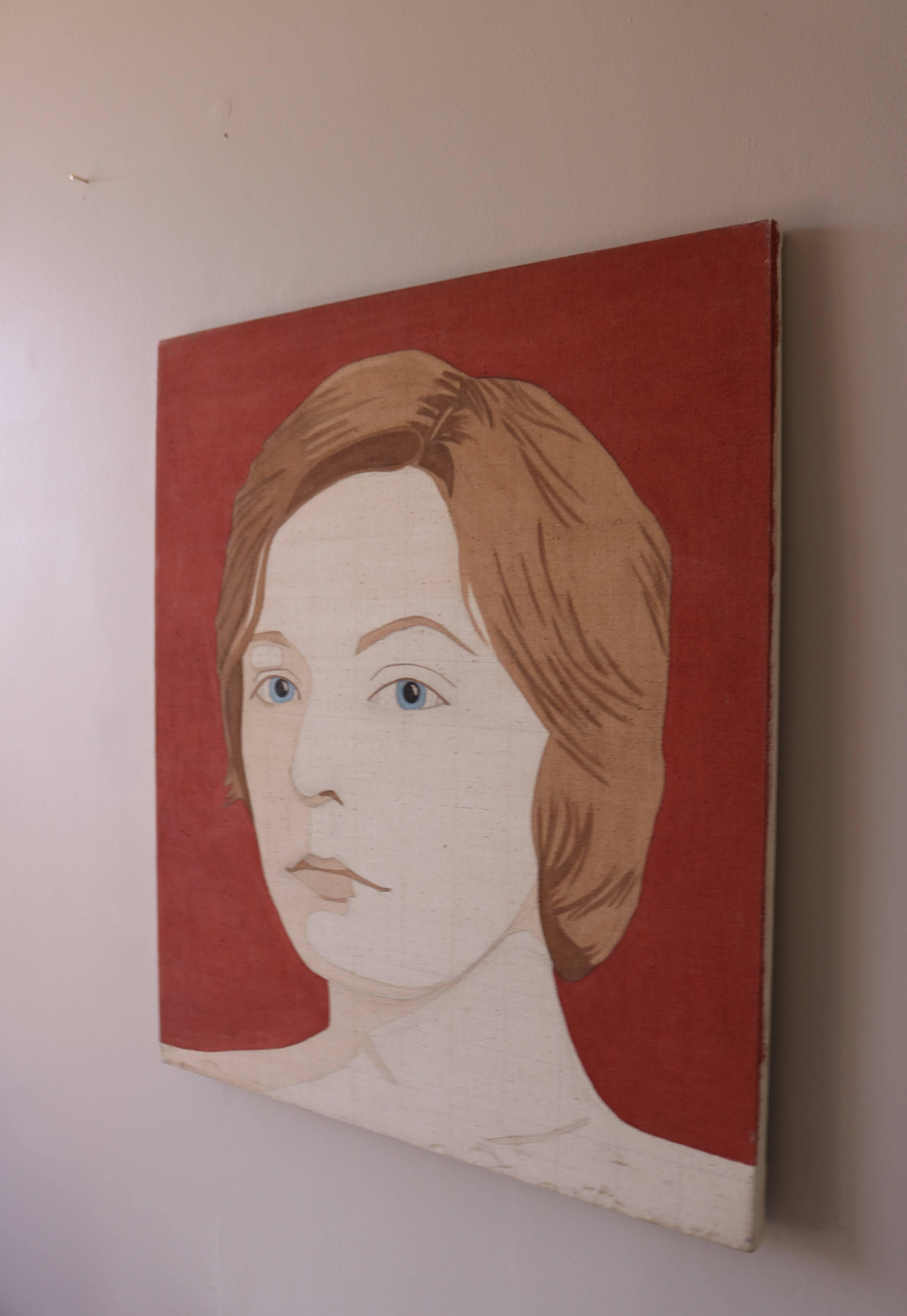 This is one portrait in a suite of four that we will be offering here. This vintage painting on canvas depicts a cool brunette beauty with blue eyes. On canvas. The artist's thin washes of paint allow for the original pencil lines and grid work to