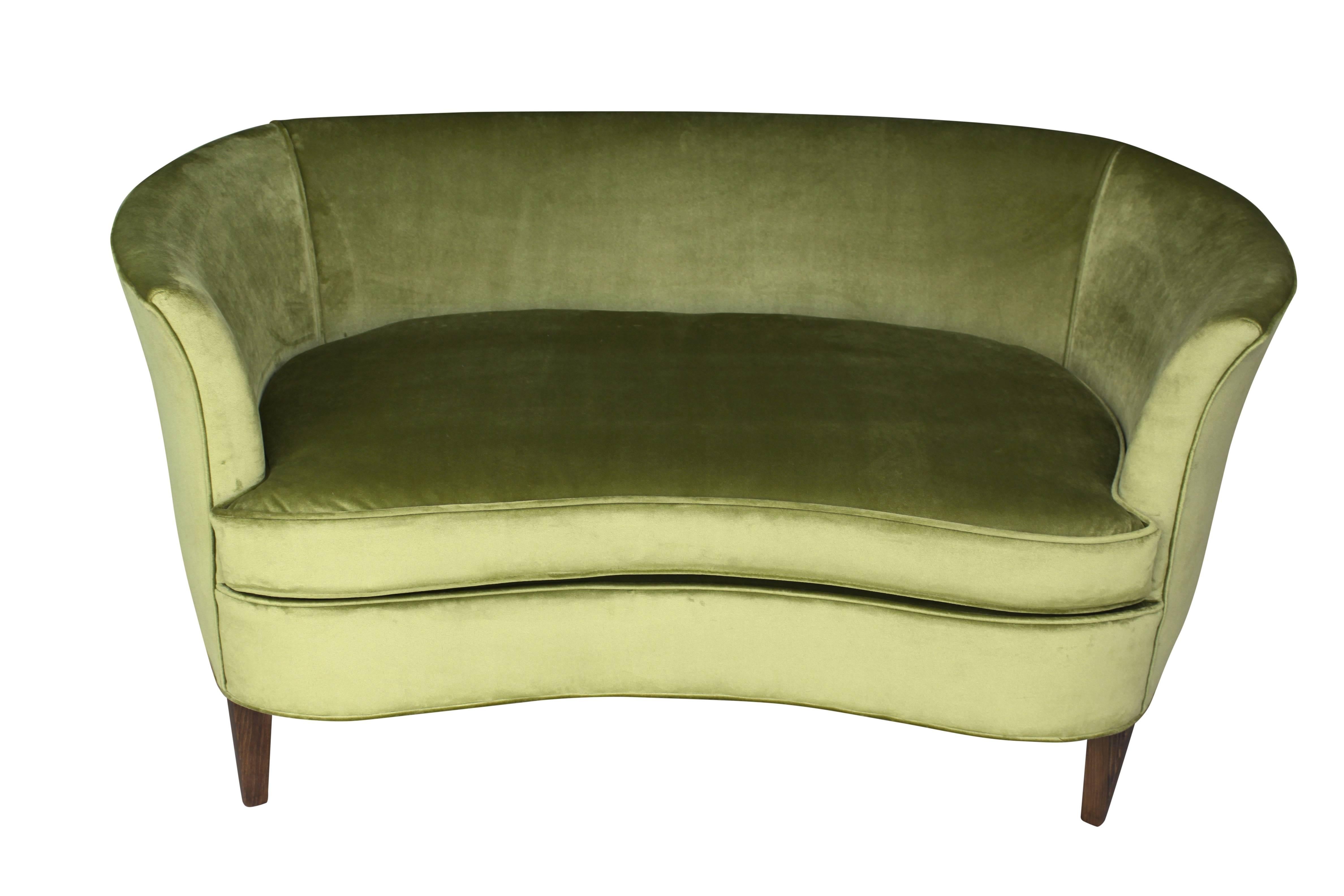 Modern Sculptural 1960s Midcentury Green Velvet Settee
