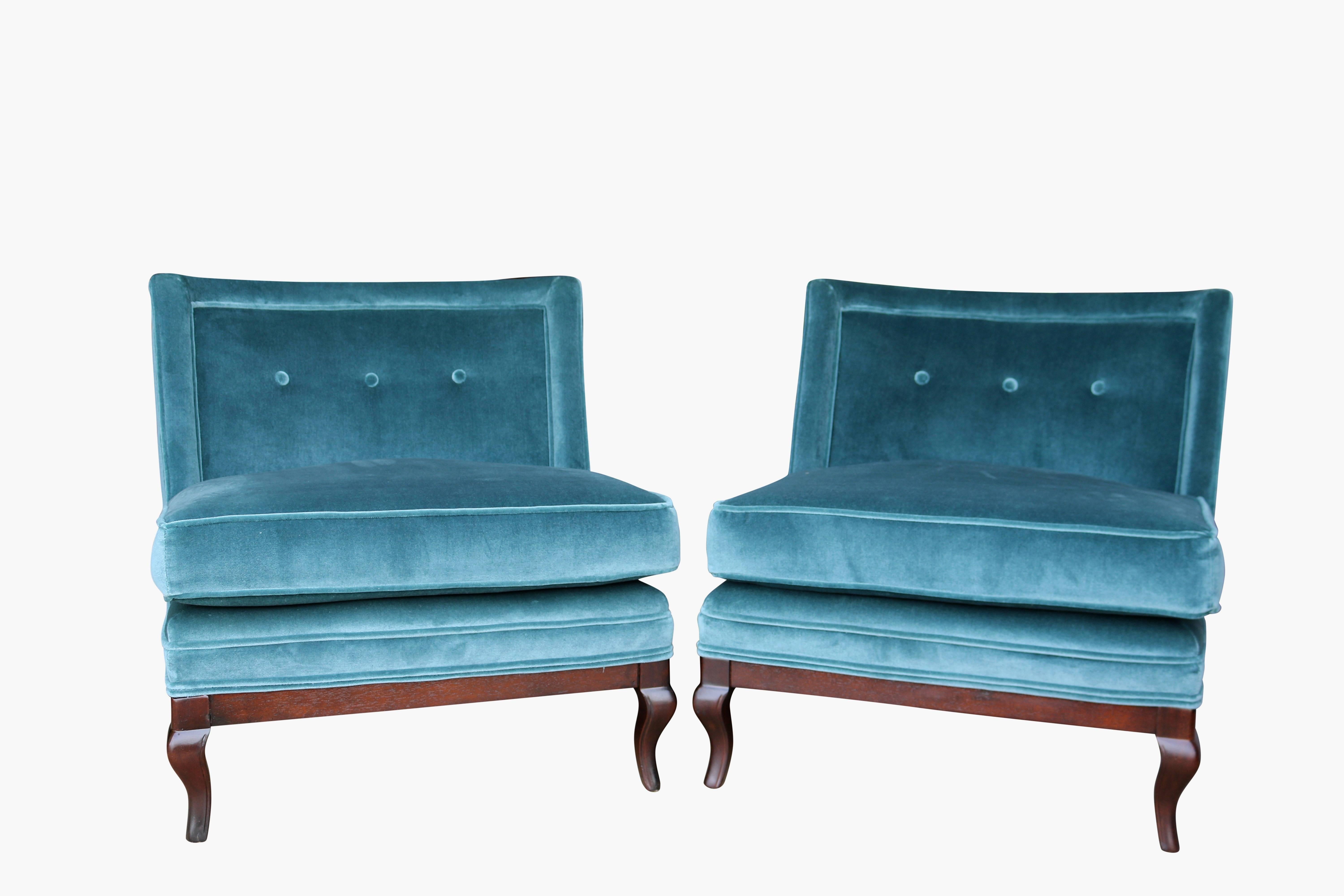 Mid-Century Modern Pair of 1960s Blue Velvet and Walnut Slipper Chairs